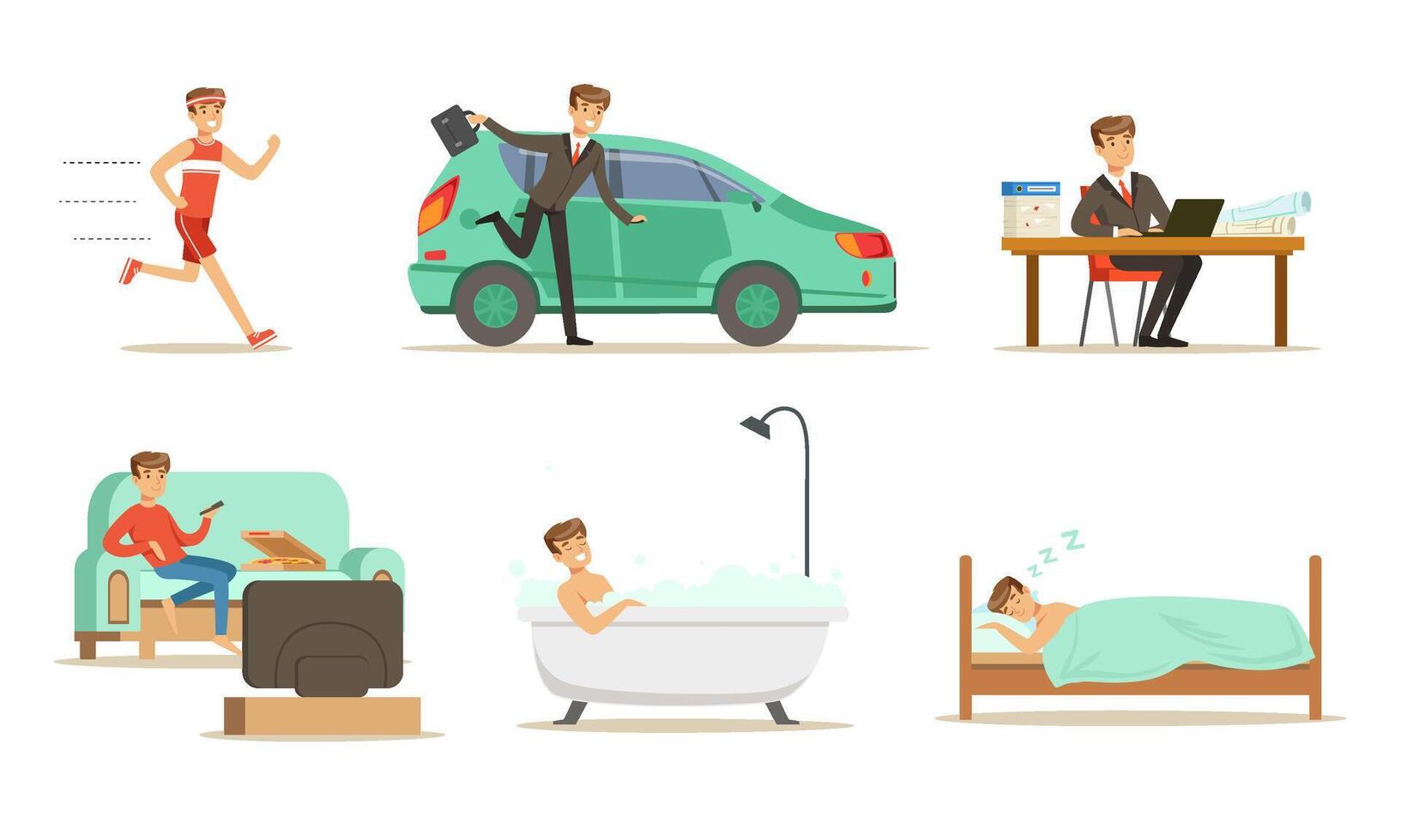 Daily routine morning and evening men. Set of illustrations. vector