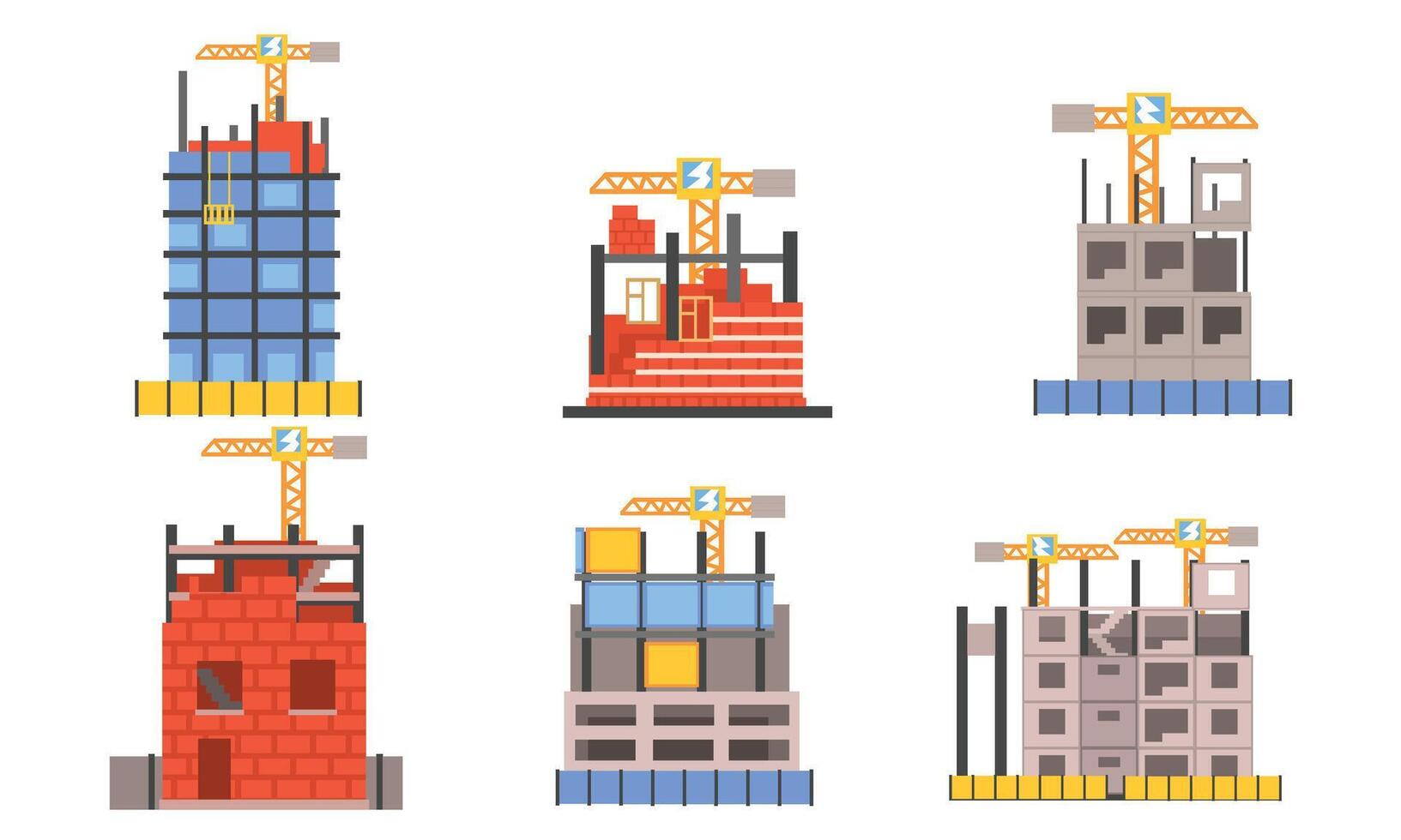 Set Of Icons With Building Activity And Working Cranes Flat Illustration vector