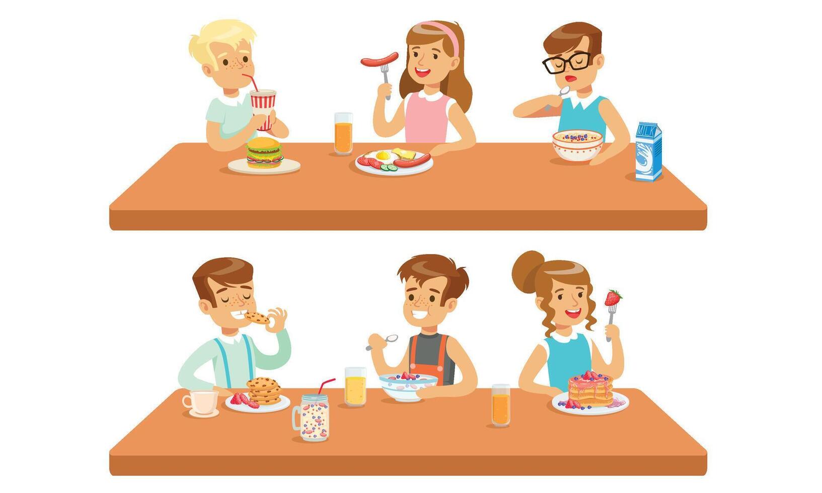 Two Conceptions Of Children Feeding, Healthy Meals And Fastfood Illustration Cartoon Character vector