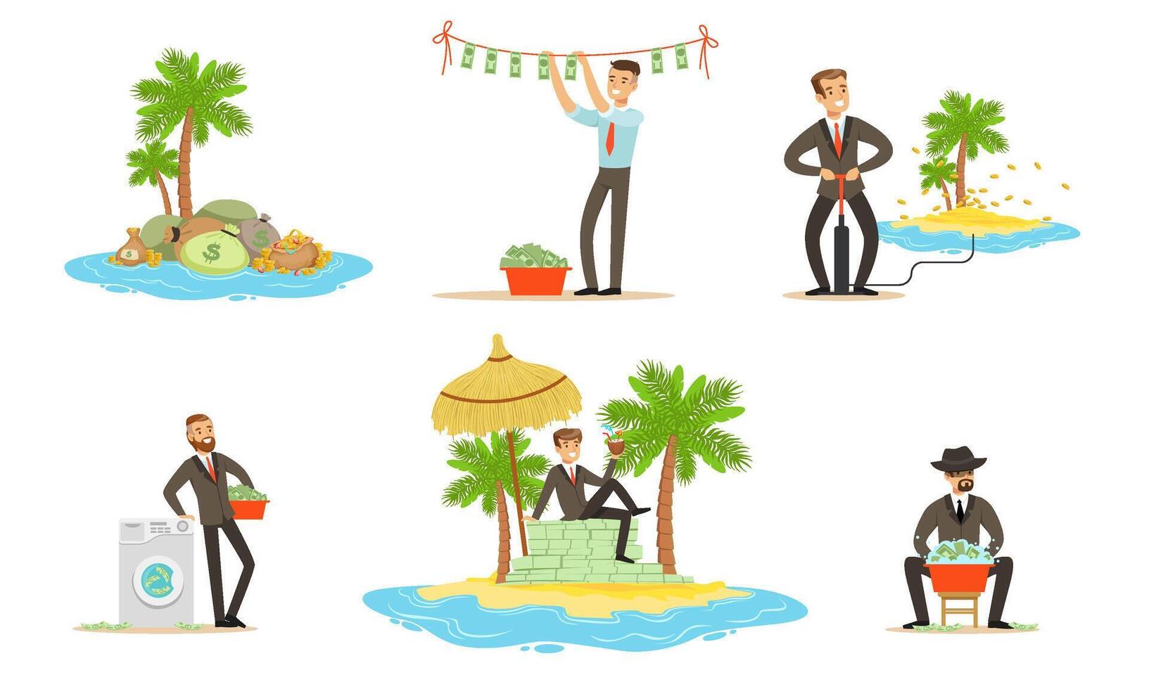 Offshore and money laundering. Set of illustrations. vector
