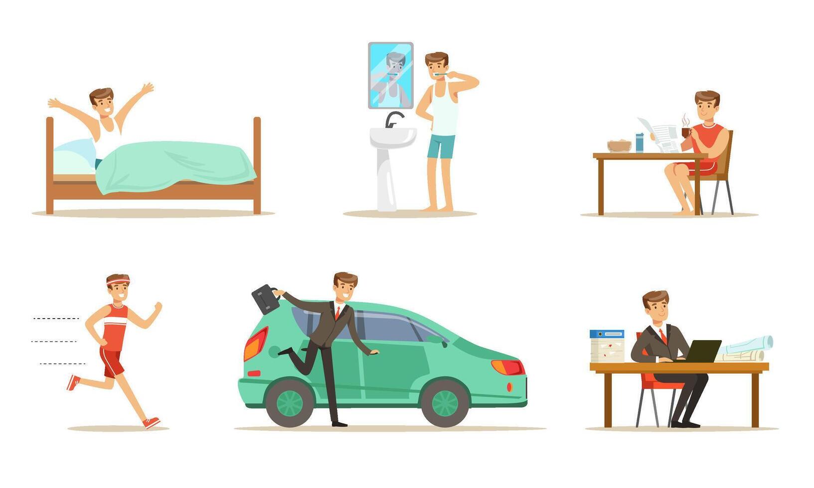 Morning routine of a mans day. Set of illustrations. vector