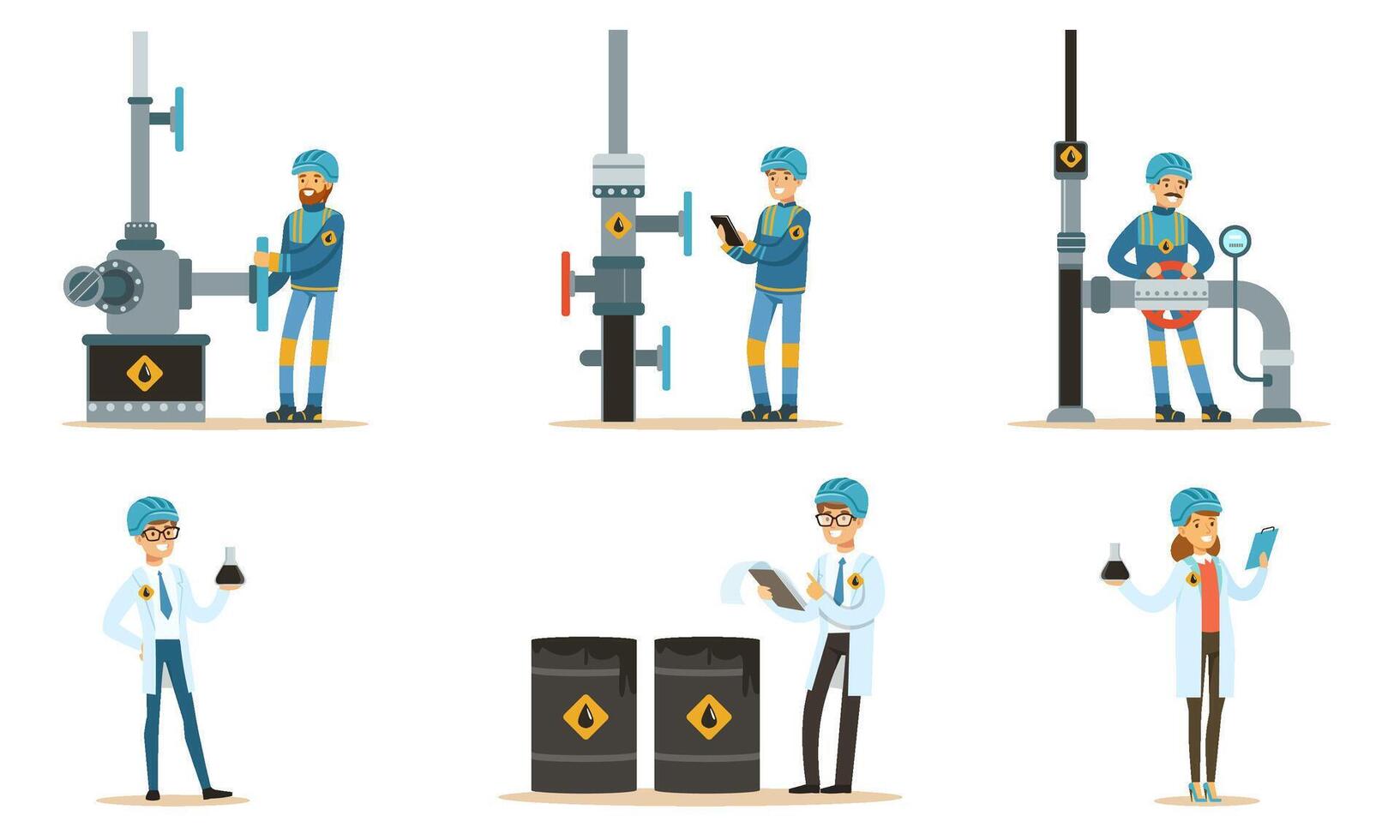 Oilman near the pipeline. Set of illustrations. vector