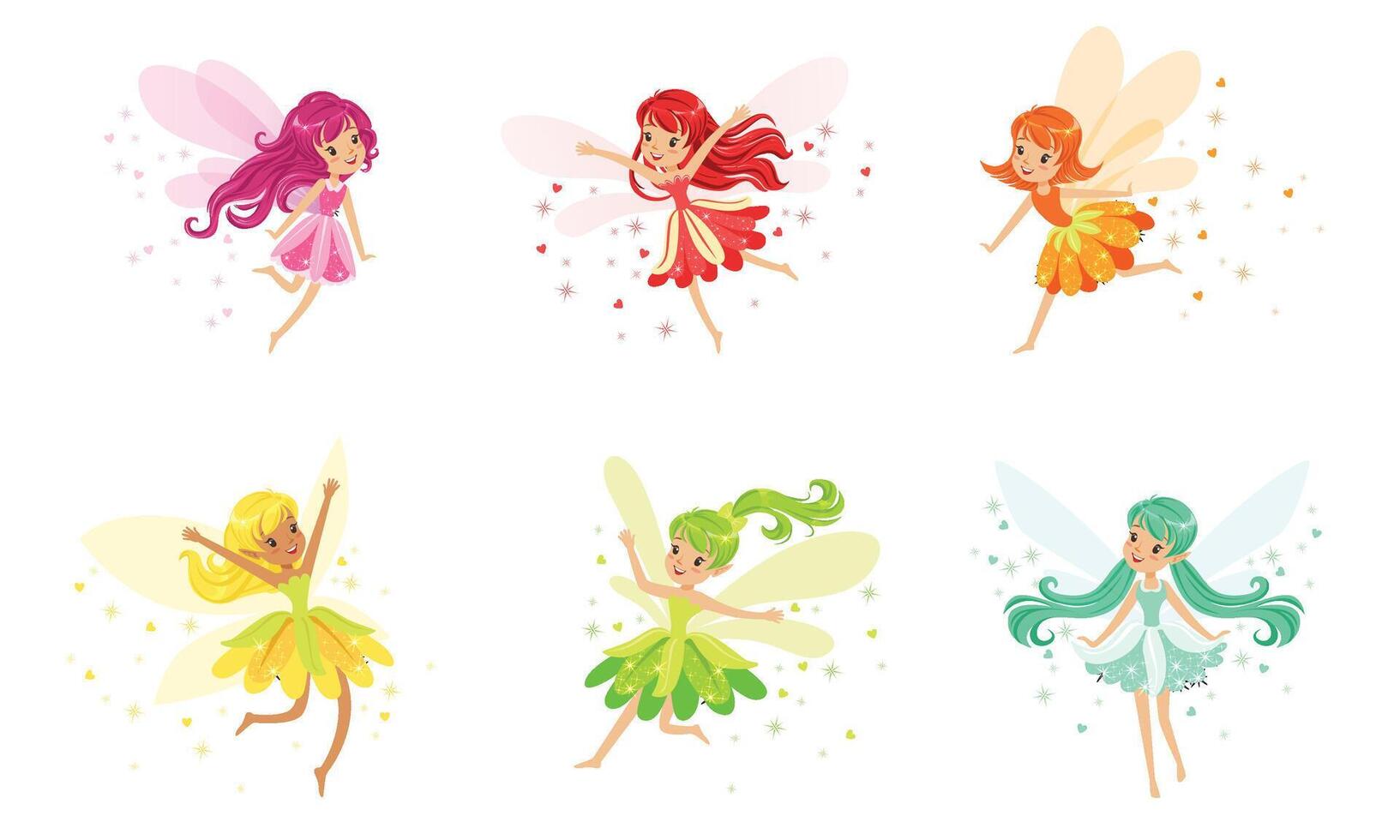 Set Of Flying Fairies Of Many Colors And Poses Illustration Cartoon Character vector