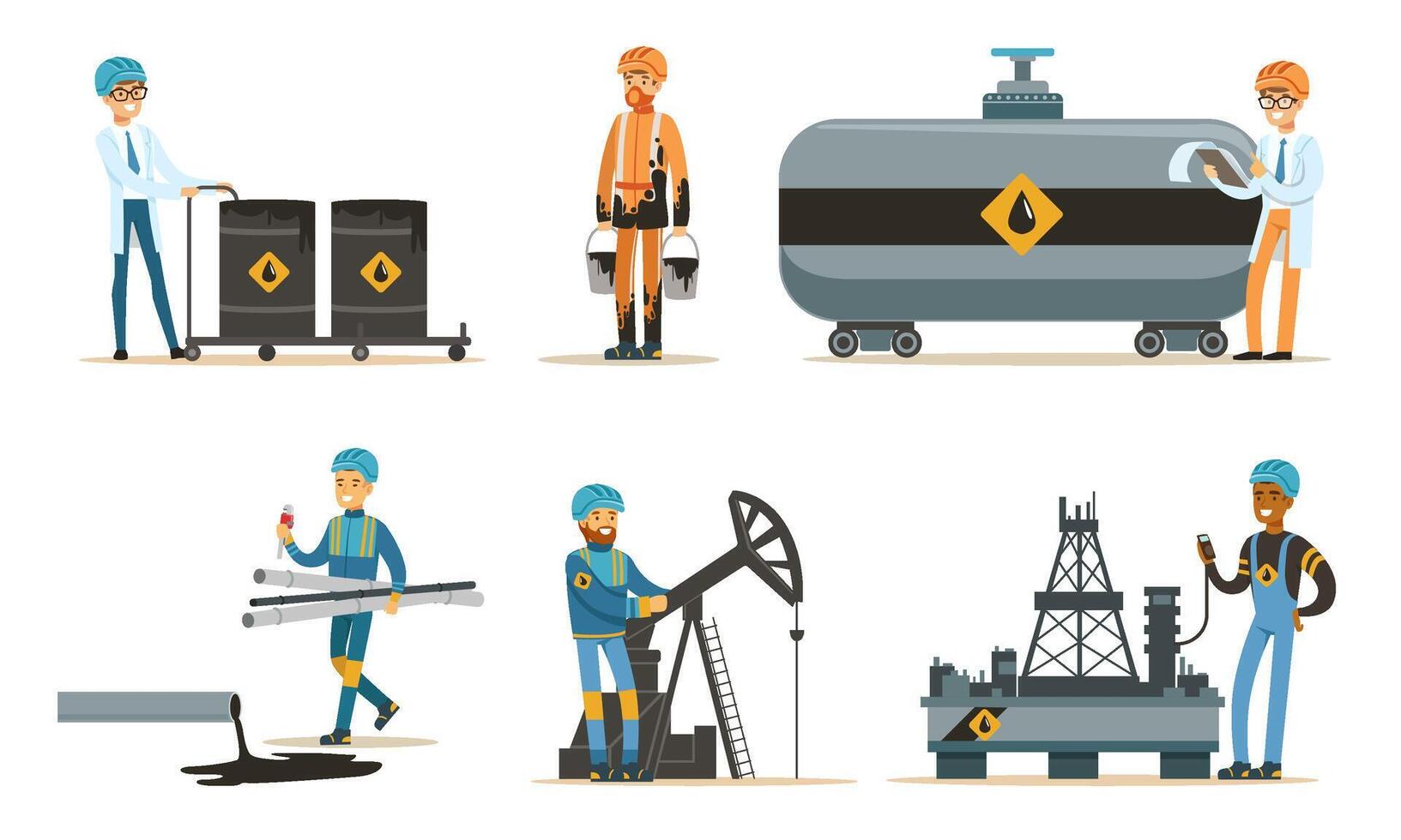 Oil workers in a bathrobe and uniform. Set of illustrations. vector