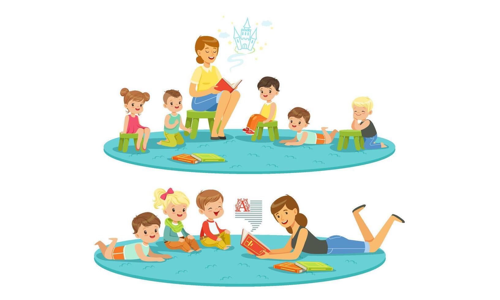 Teacher reads to children. Set of illustrations. vector