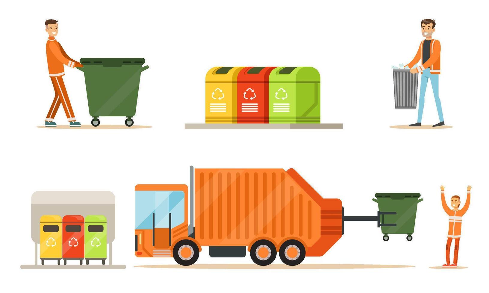 Workers and garbage collection equipment. Set of illustrations. vector
