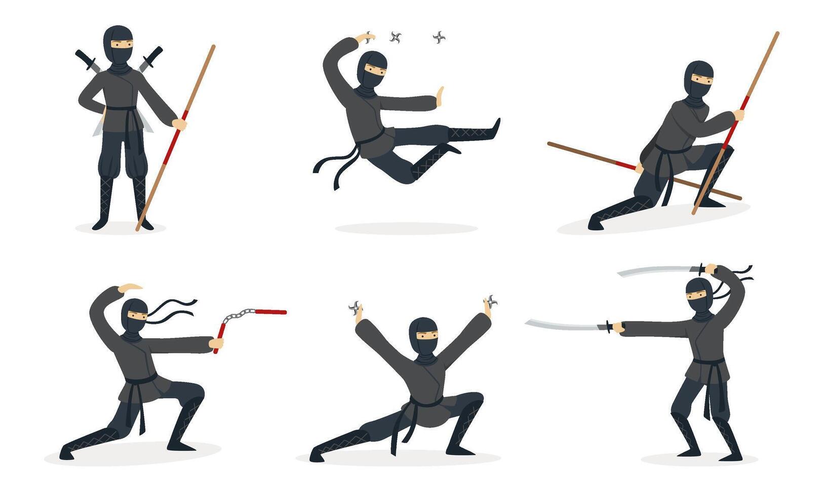Ninja in black clothes. Set of illustrations. vector