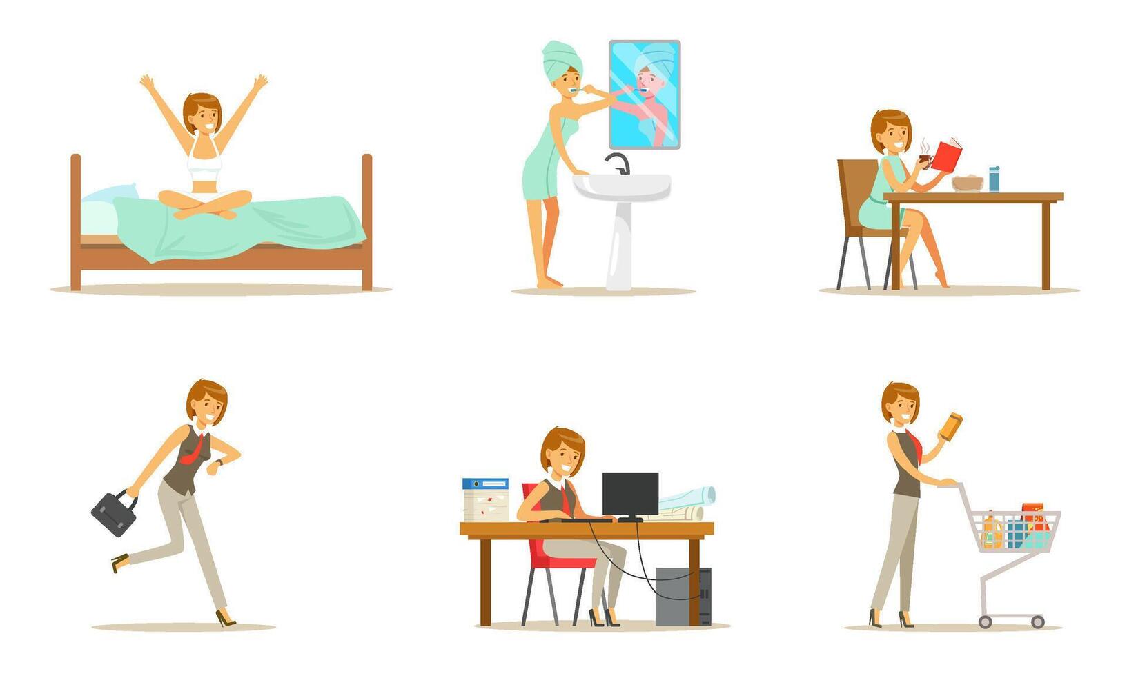 Daily routine for a woman. Set of illustrations. vector
