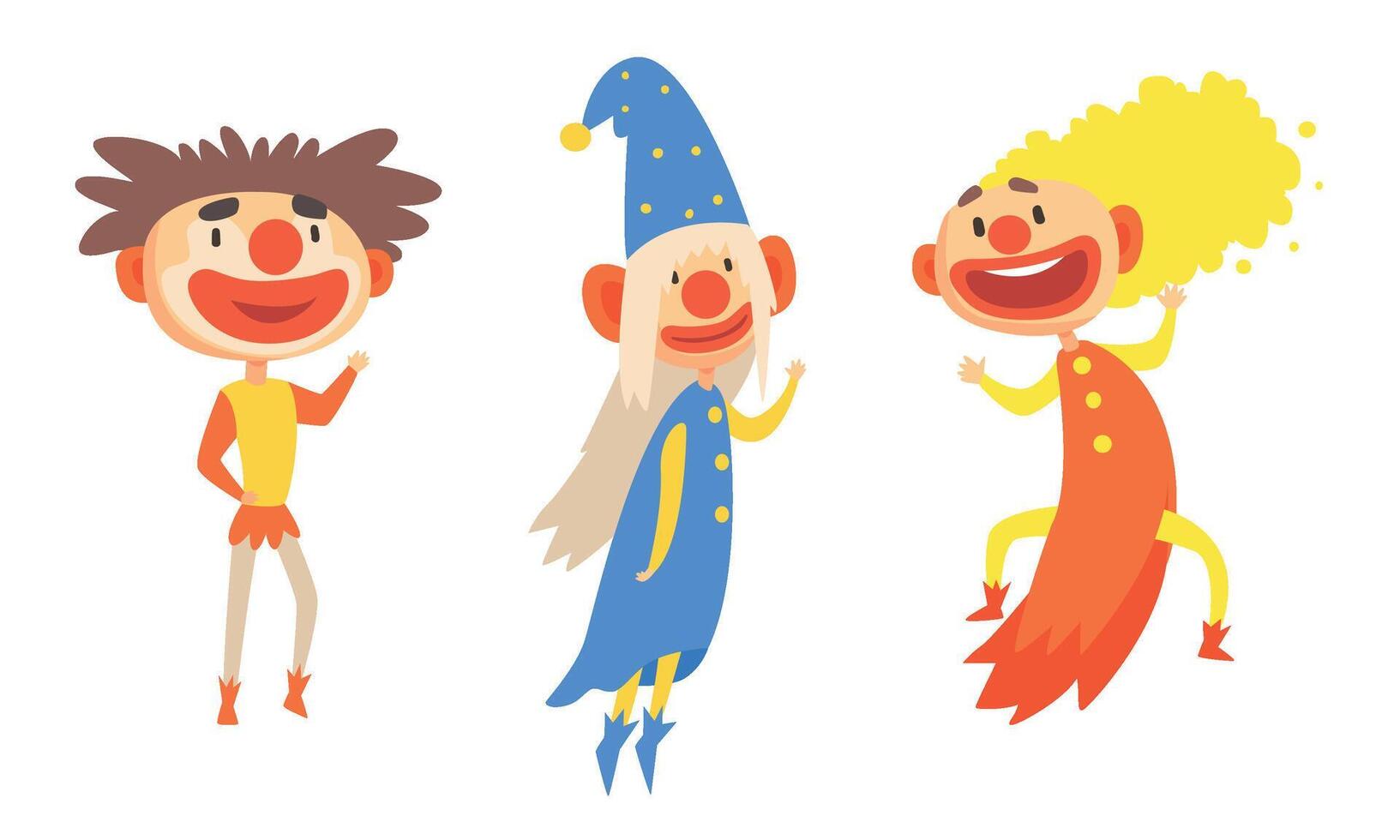 Three Cheerful Holidays Clowns In Colorful Clothes And Hats Illustration Set Cartoon Character vector