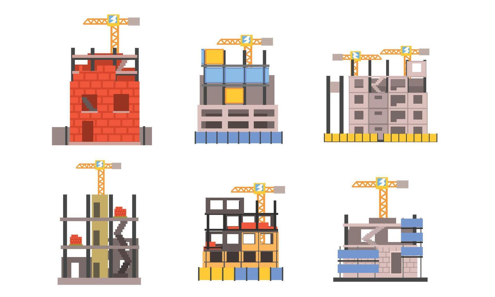 Outdoor Constructive Works With Cranes And Buildings Flat Illustration Set vector