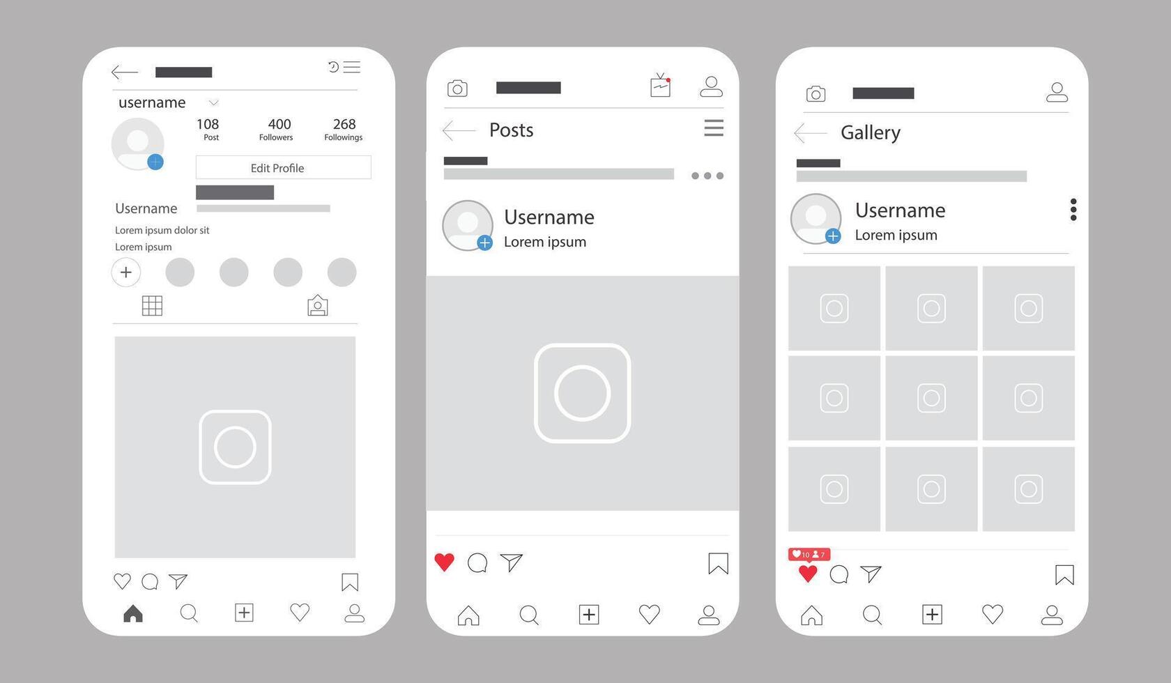 Social network app interface mockup design Modern social media platform profile story layout vector