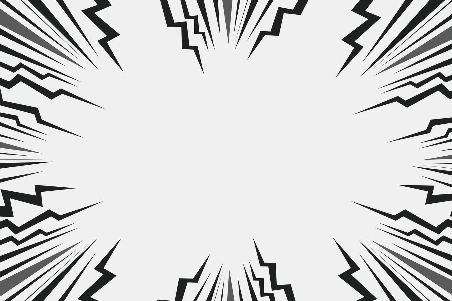 Speed lines in frame for manga comics book. Radial motion background with flash and lightning. Monochrome explosion and flash glow. concentric textured illustration. vector