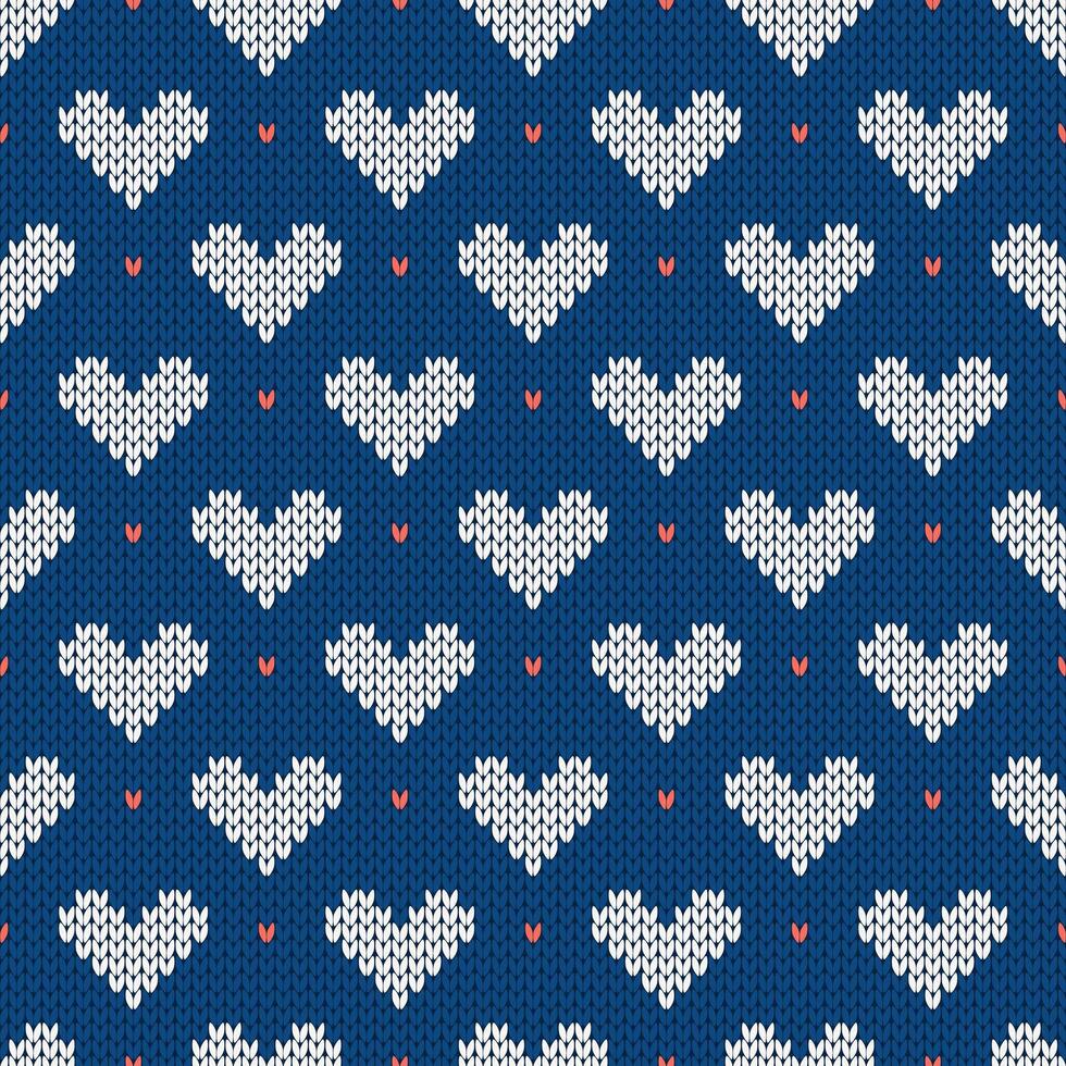 Knitted seamless cozy pattern with hearts. Nordic style sweater for Valentines Day. Traditional holiday background. vector