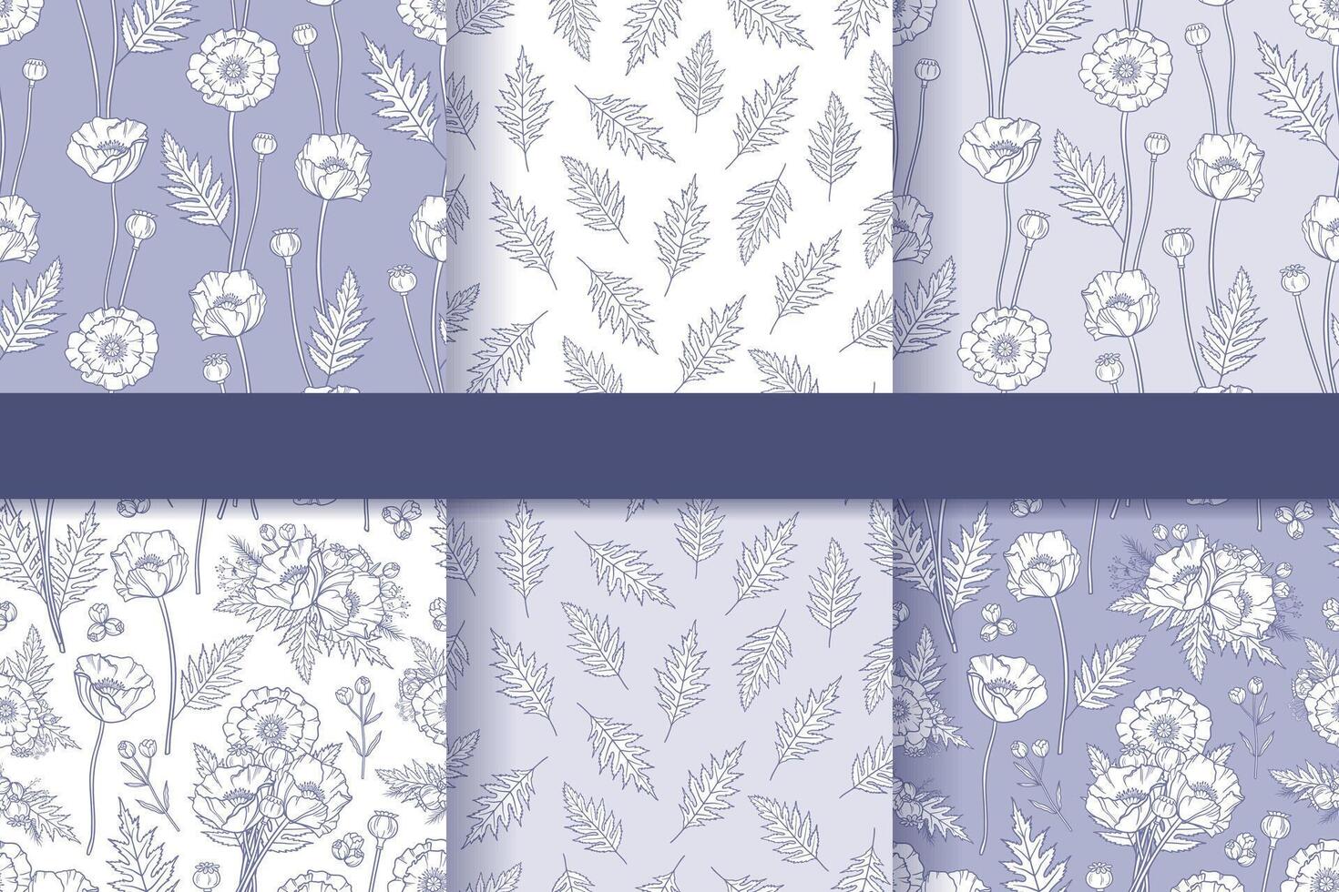 Set of seamless patterns in boho style with poppies. Hand drawn elements. Summer time. Floral patterns for textile, packaging, greeting cards, invitations, wedding decoration. Bohemian collection. vector