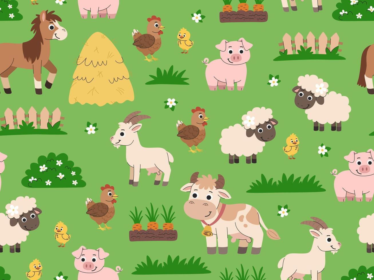 Kids farm cartoon pattern. Seamless village background with animals, livestock and poultry. Cows, sheep, goats, horses and chickens on the background of a meadow with bushes, flowers and haystacks. vector