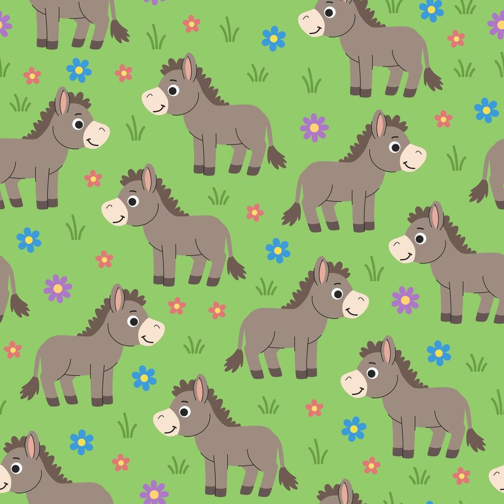 Kids cartoon seamless donkey pattern. Donkeys grazing in the meadow children's background. Green background with animals and flowers. vector