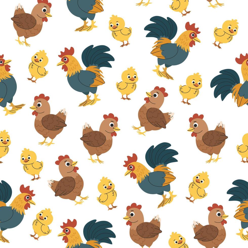 Children's hen, rooster and chick cartoon pattern. Seamless background with village poultry. vector