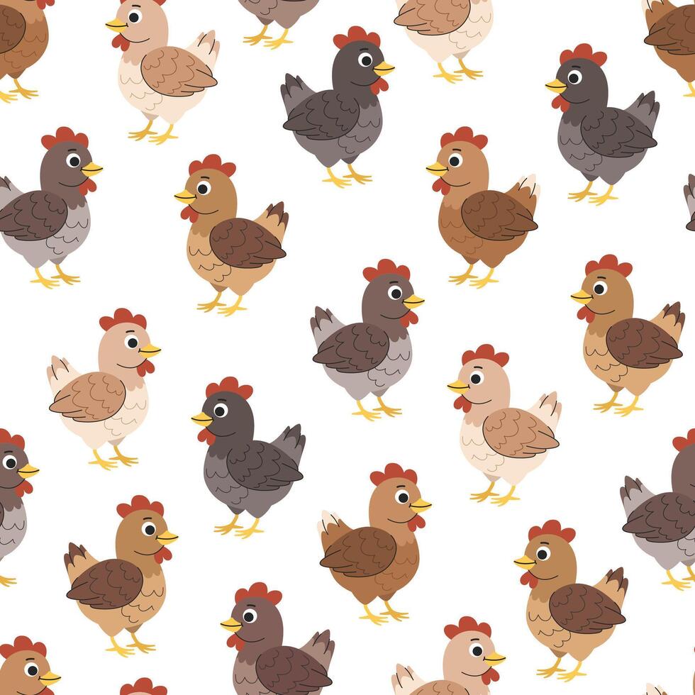 Children's cartoon pattern with chickens. Country cute pattern with poultry. Chickens of different colors seamless background. vector