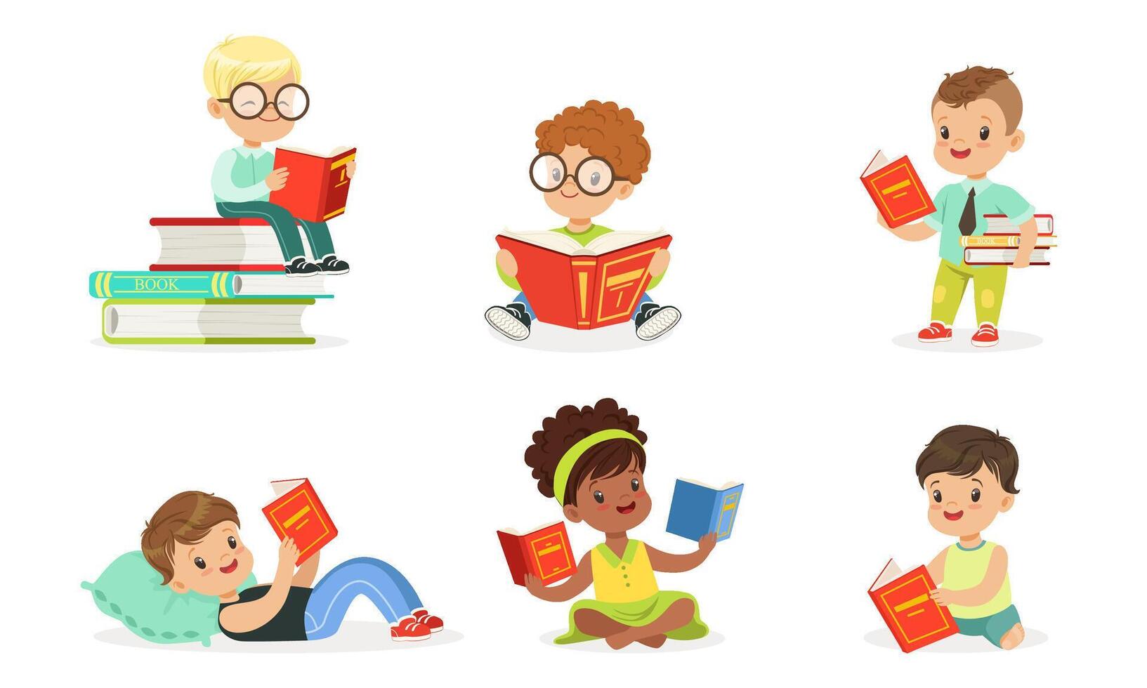 Children read a lot of books. Set of illustrations. vector