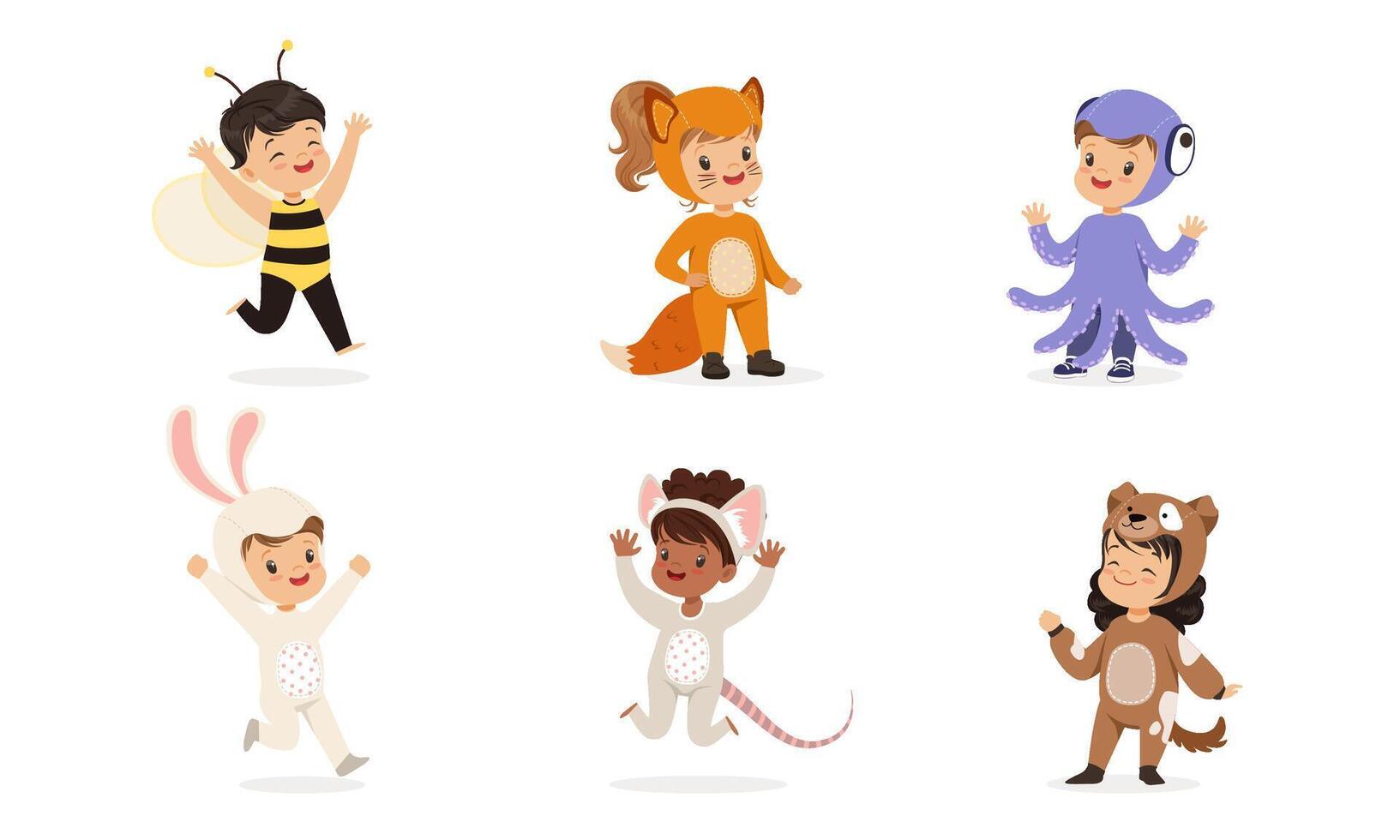 Children in costumes of different animals. Set of illustrations. vector