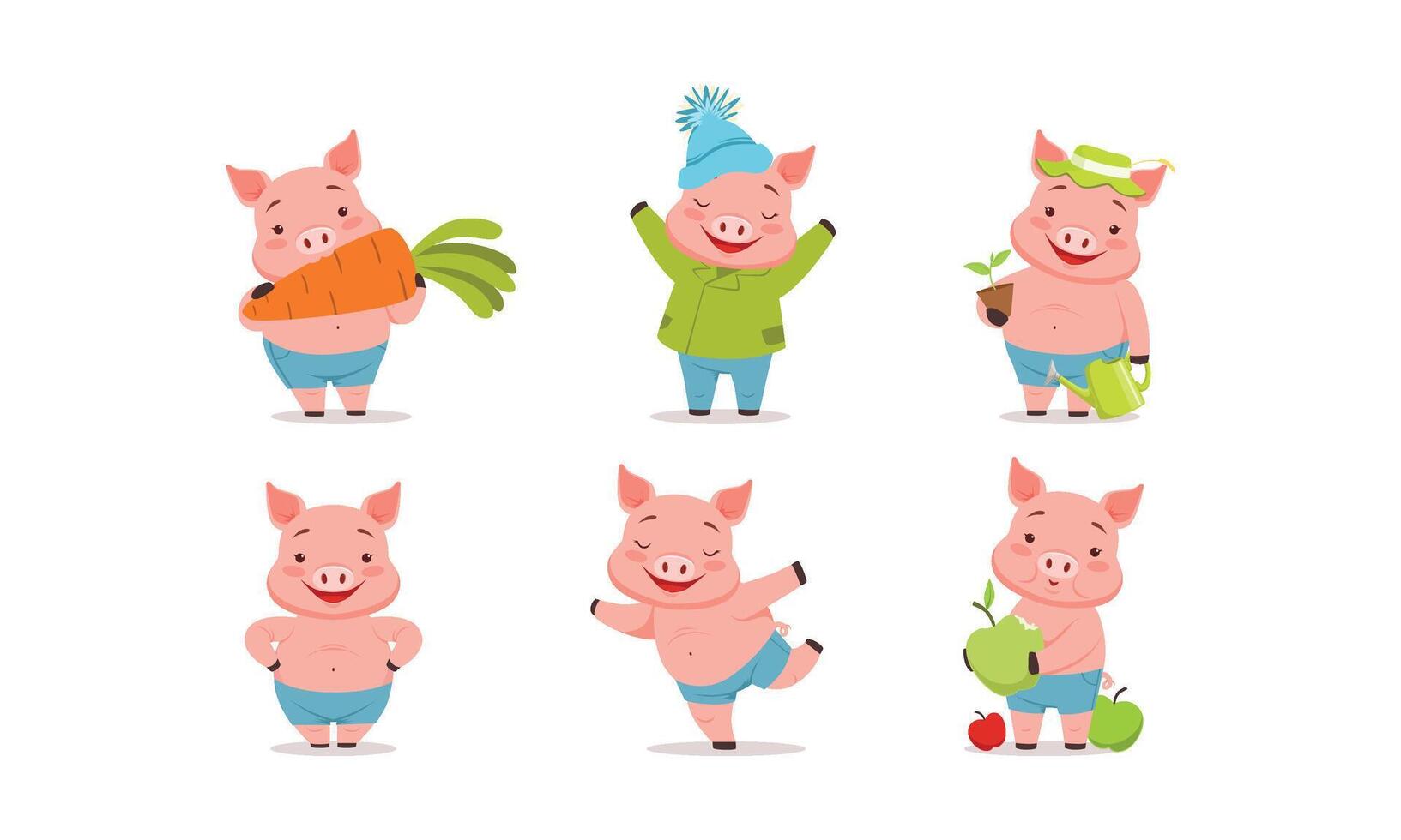 Funny Pigs Characters Biting Big Carrot and Watering Plant Set vector