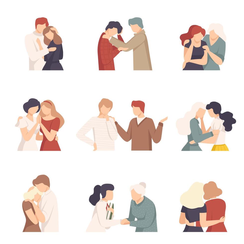 People Supporting Each Other with Words and Standing by Side Illustrations Set vector
