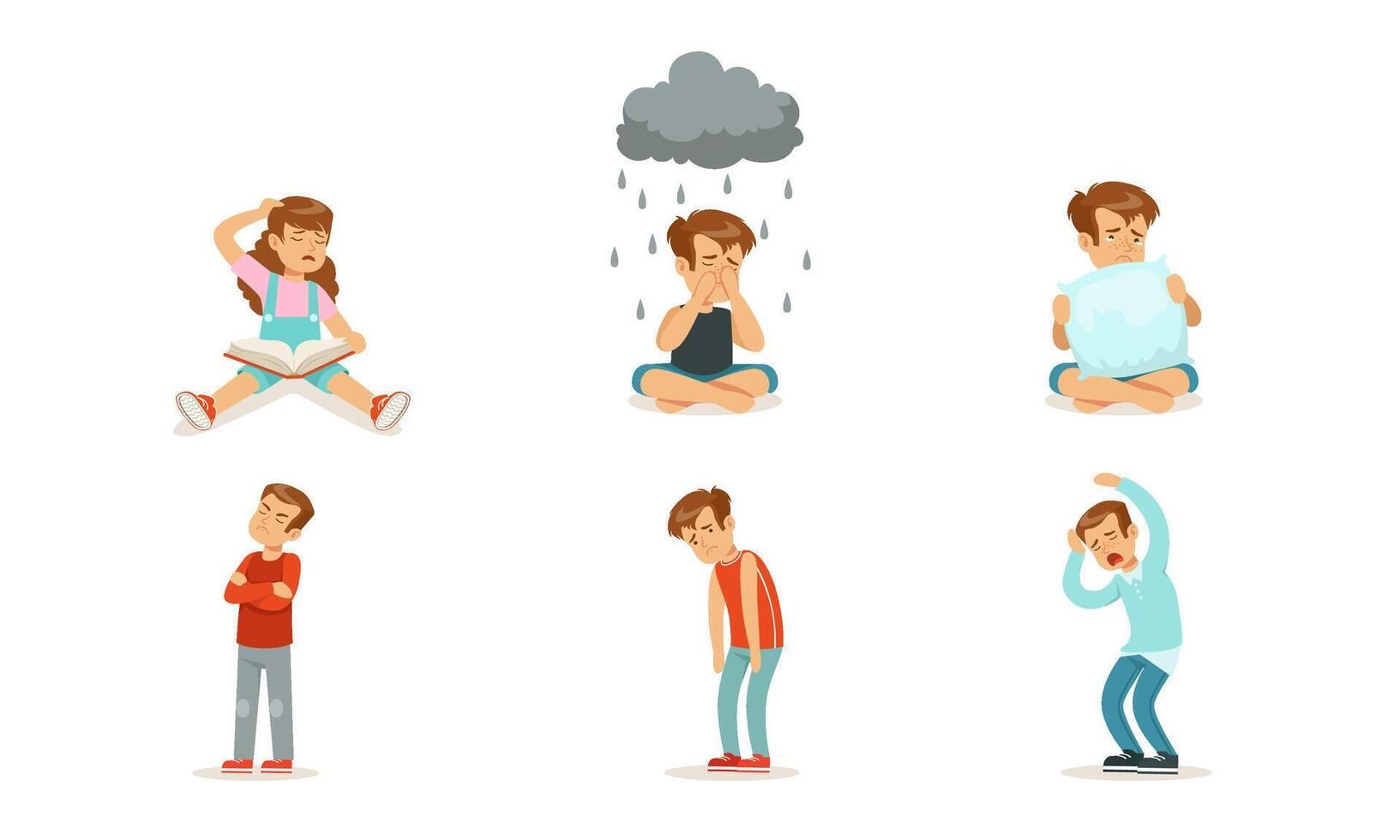Children are sad and cry. Set of illustrations. vector