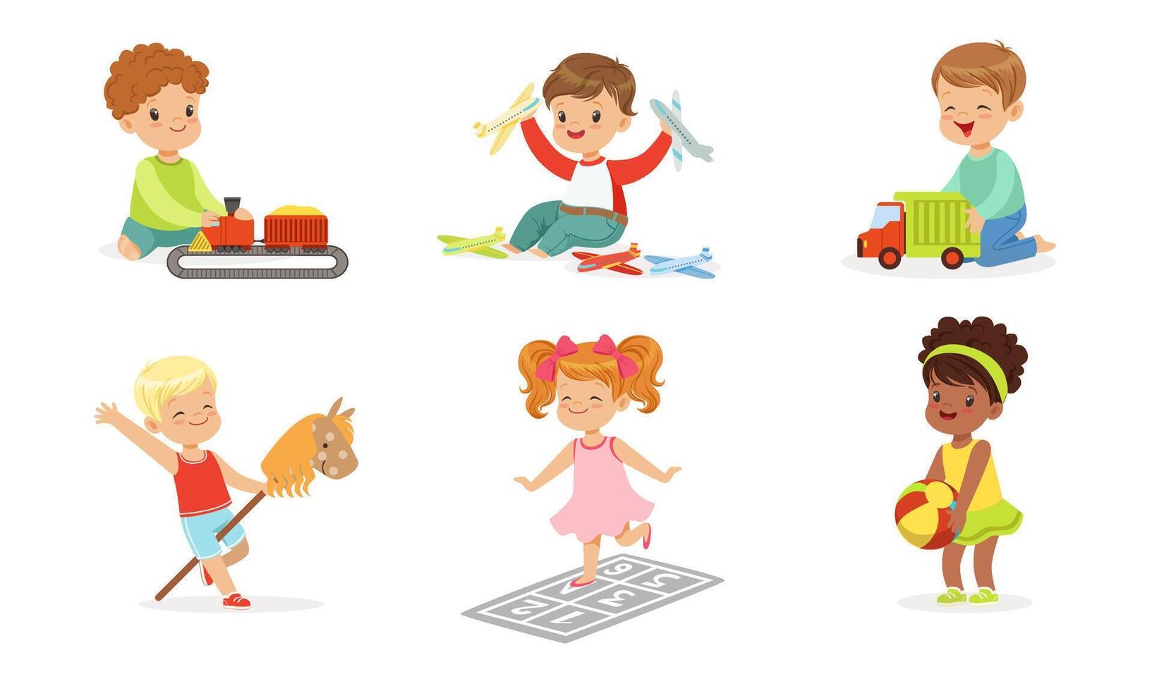 Children play with different toys. Set of illustrations. vector