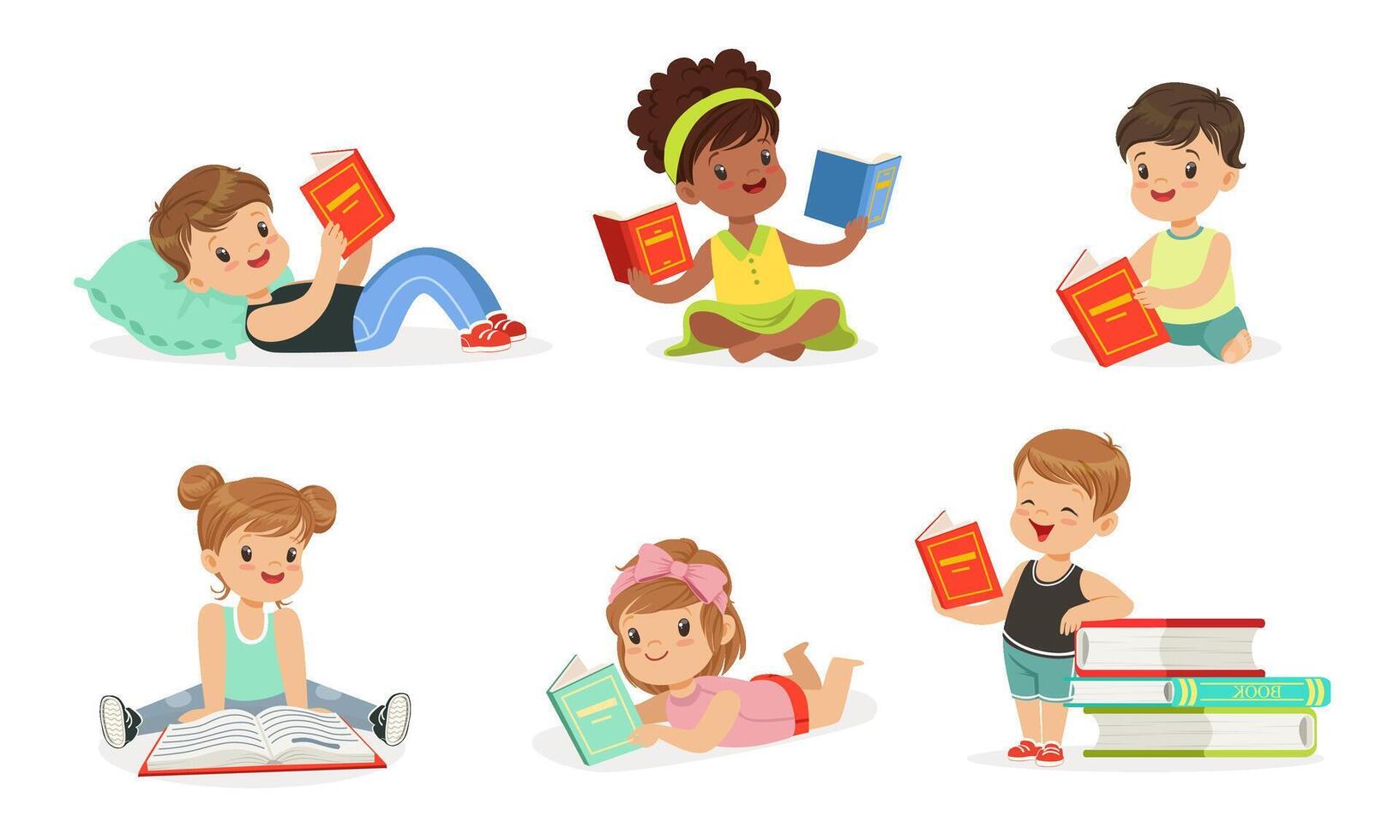 Boys and girls read books. Set of illustrations. vector