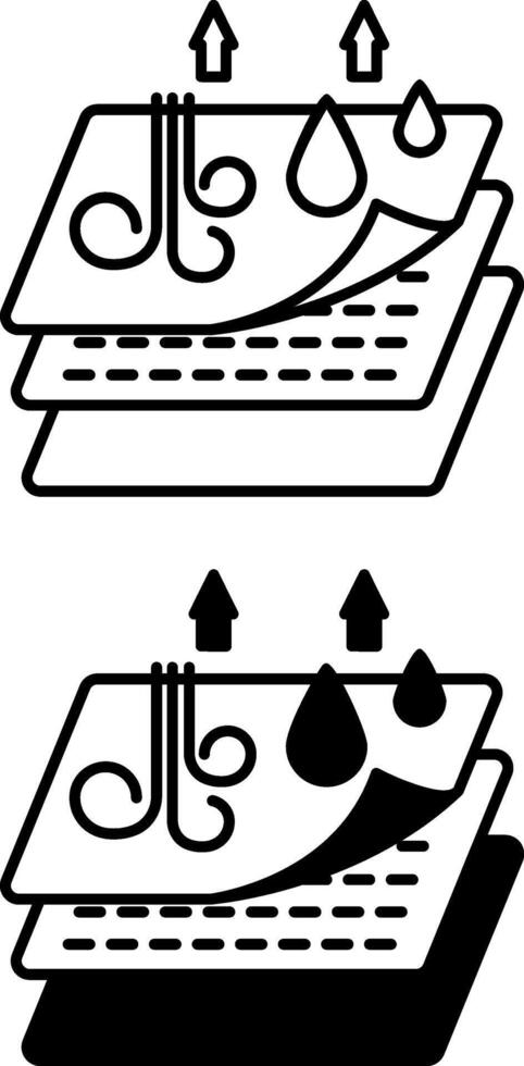 Membrane Fabric Icons. Black and White Illustration. Water Repellent, Windproof and Multilayer Fabric. Material Characteristics Concept vector