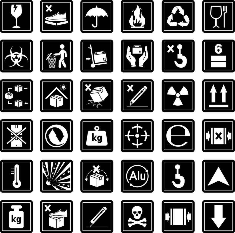 Black Cardboard Packaging Label. Logistics, Shipping. Stickers Fragile, Do Not Step On, Keep Dry, Flammable, Recycled, This Side Up, Do Not Litter, Use Cart, Radiation, Do Not Drop, Toxic, and More vector