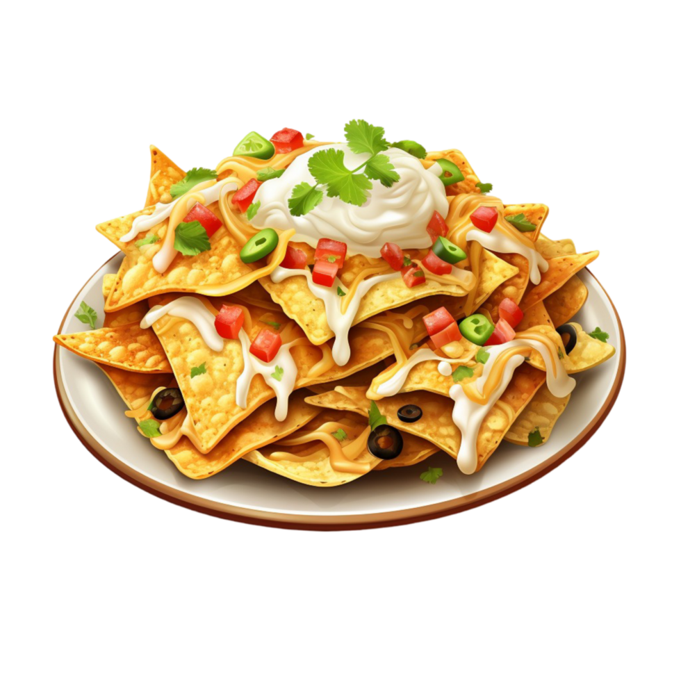 Delicious Crispy Nachos with Cheese and Vegetables on a Plate png