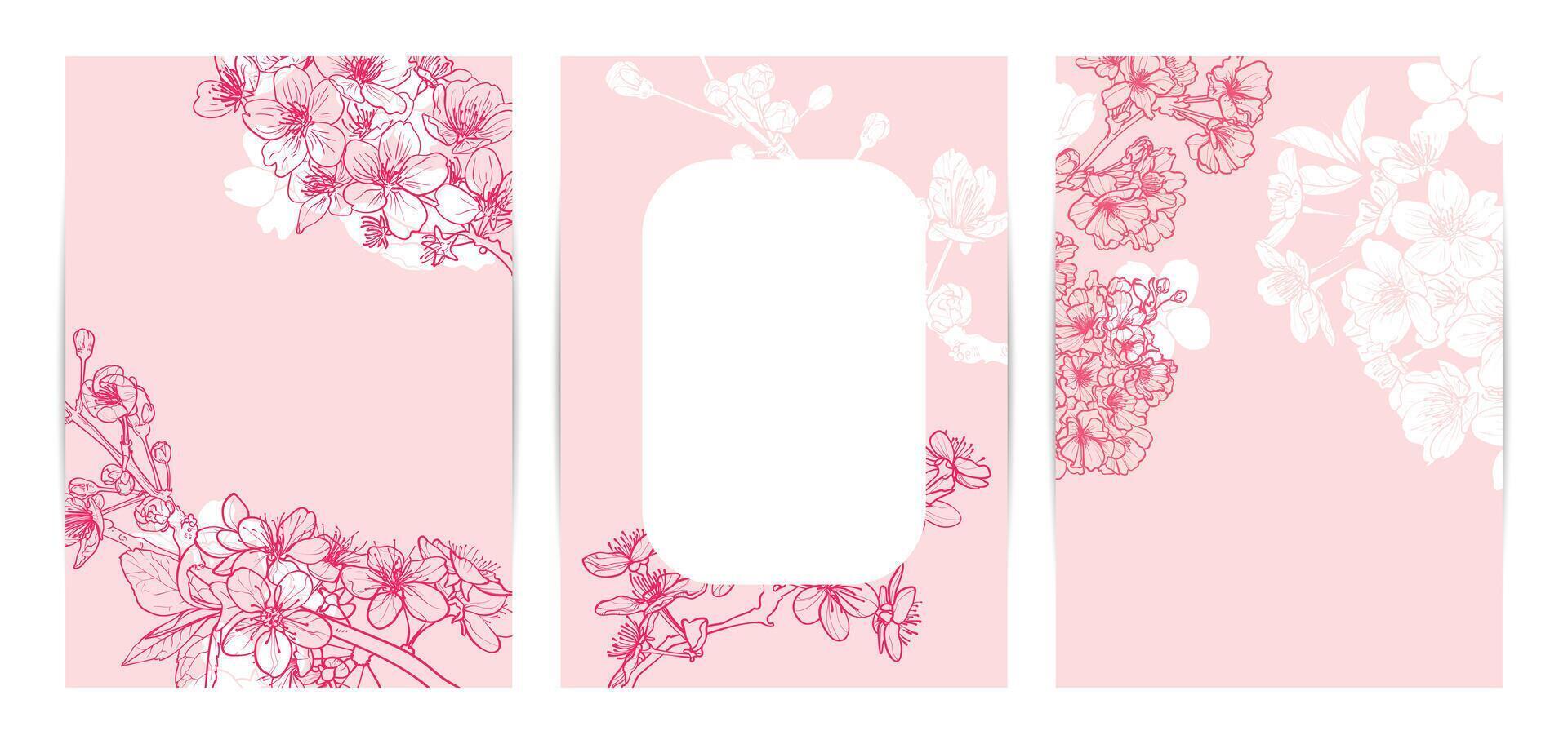 Colorful pastel pink wedding invitations. Modern and joyful A4 format design with highly detailed flowers for print and online usage. Happy hand drawn cherry blossoms illustrations vector