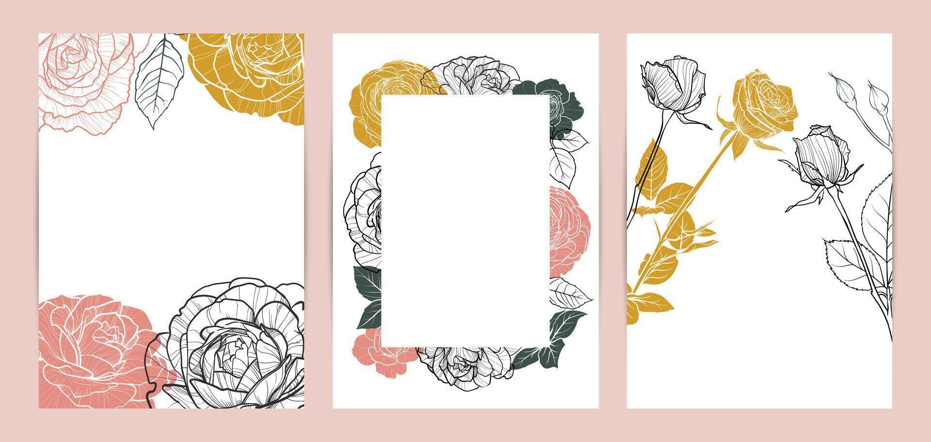 Colorful saturated and bright beautiful wedding invitations. Modern and joyful A4 format design with highly detailed flowers for print and online usage. Happy hand drawn roses illustrations vector
