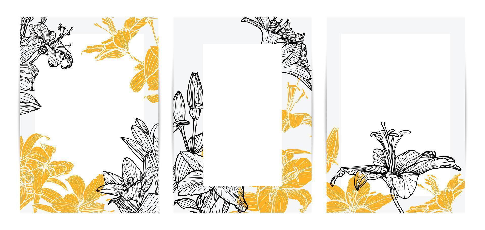 Colorful saturated and bright beautiful wedding invitations. Modern and joyful A4 format design with highly detailed flowers for print and online usage. Hand drawn tiger lillies illustrations vector