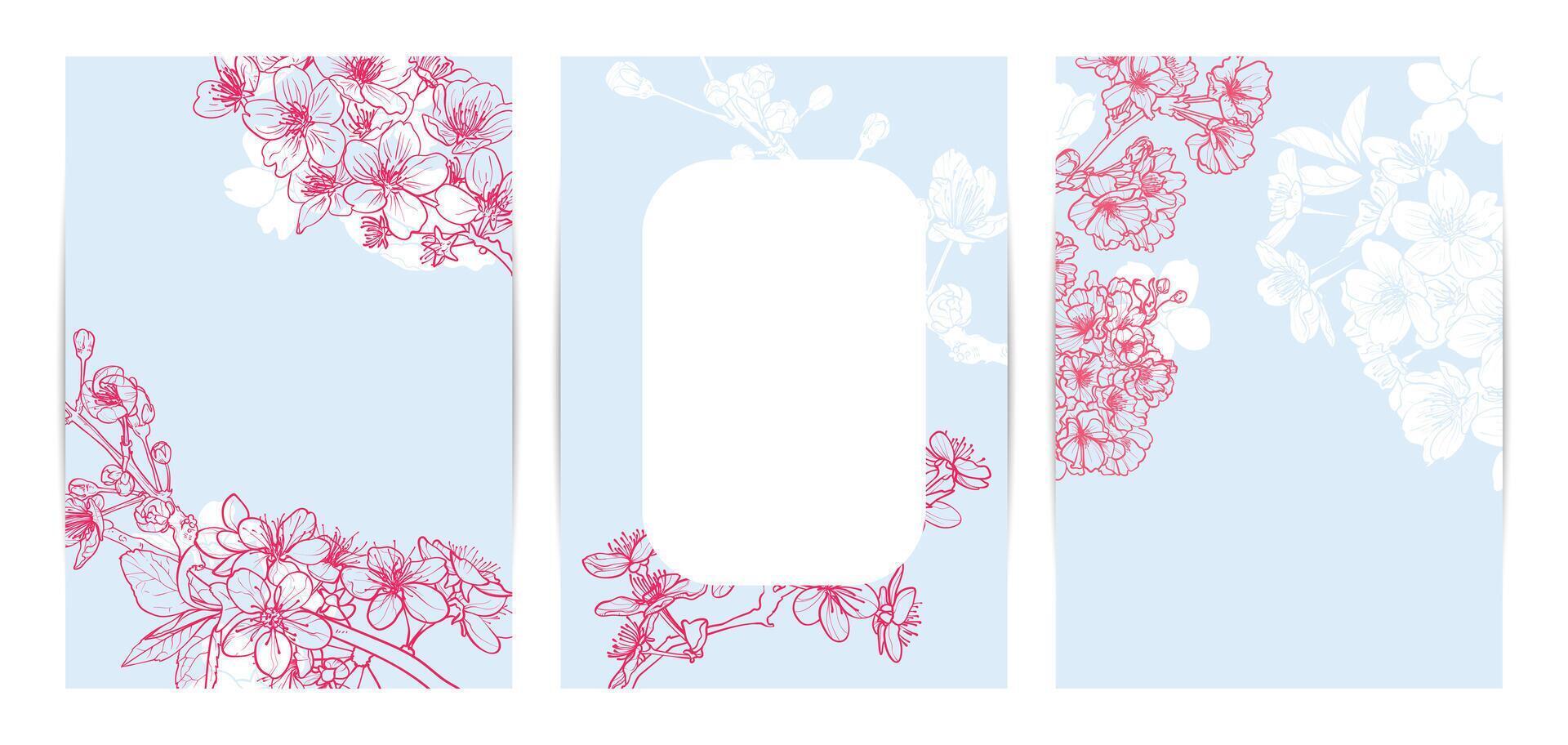 Colorful saturated and bright beautiful wedding invitations. Modern and joyful A4 format design with highly detailed flowers for print and online usage. Hand drawn cherry blossoms illustrations vector