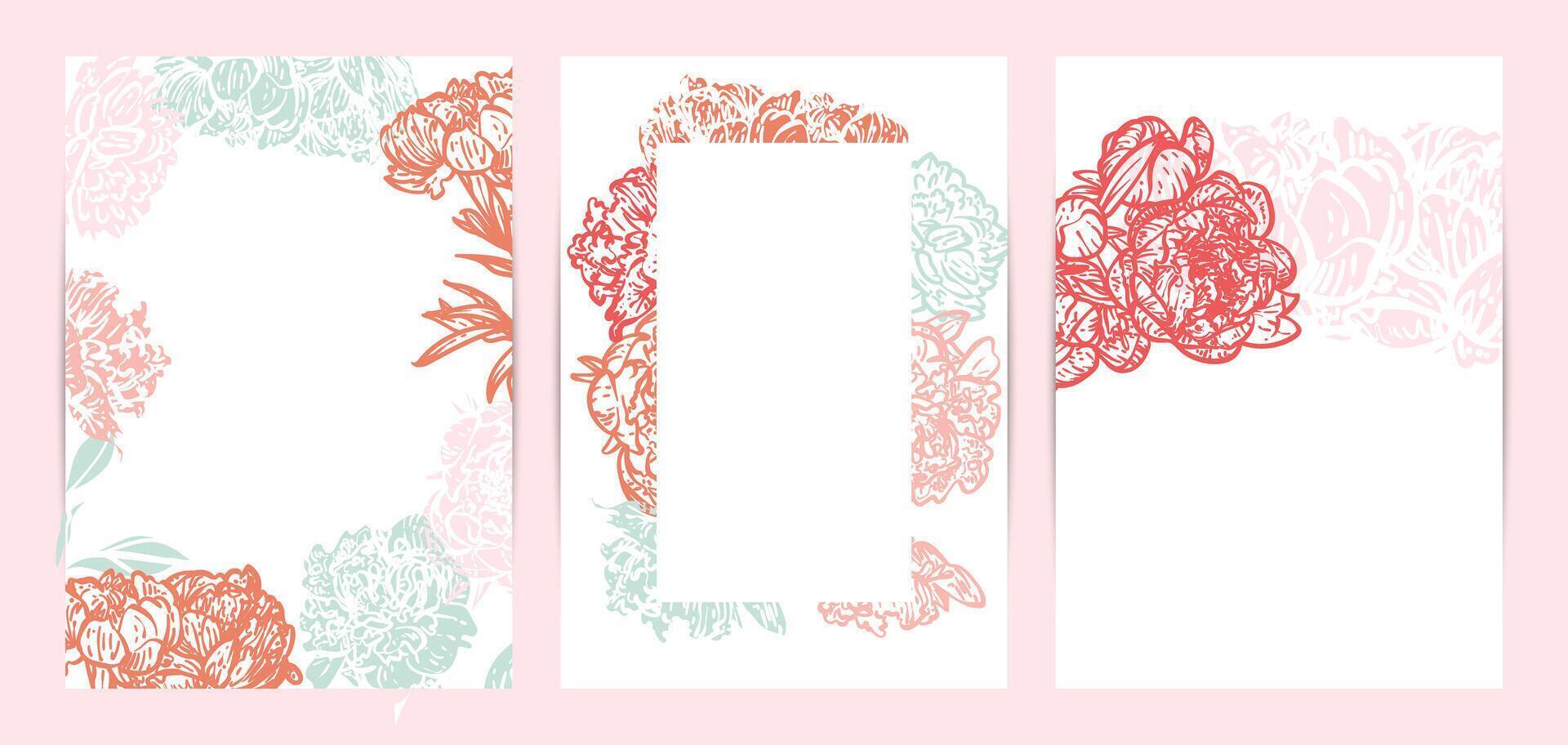 Colorful saturated and bright beautiful wedding invitations. Modern and joyful A4 format design with highly detailed flowers for print and online usage. Happy hand drawn peonies illustrations vector