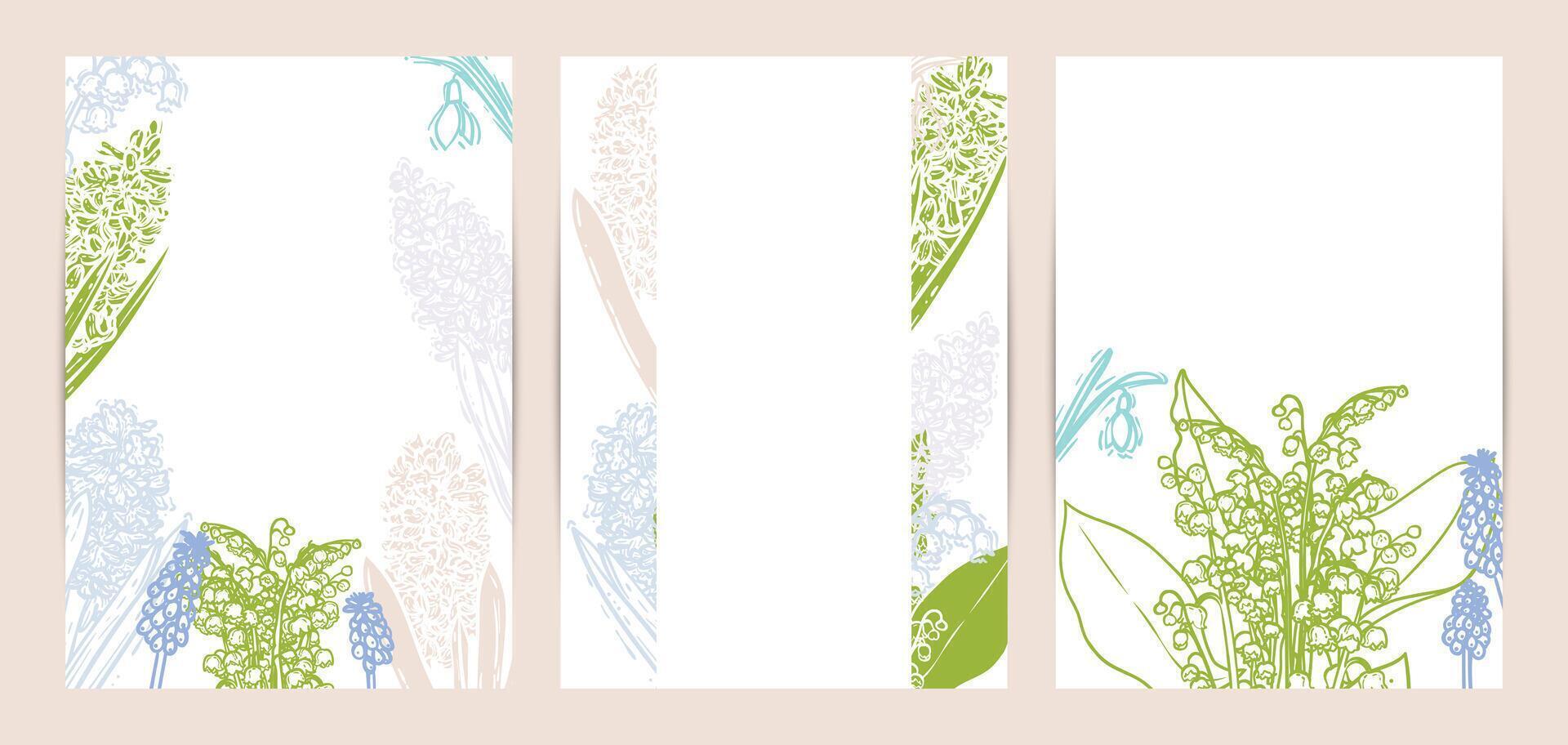 Colorful saturated and bright beautiful wedding invitations. Modern A4 format design with highly detailed flowers for print and online usage. Hand drawn hyacinth, snowdrops, lily illustrations vector