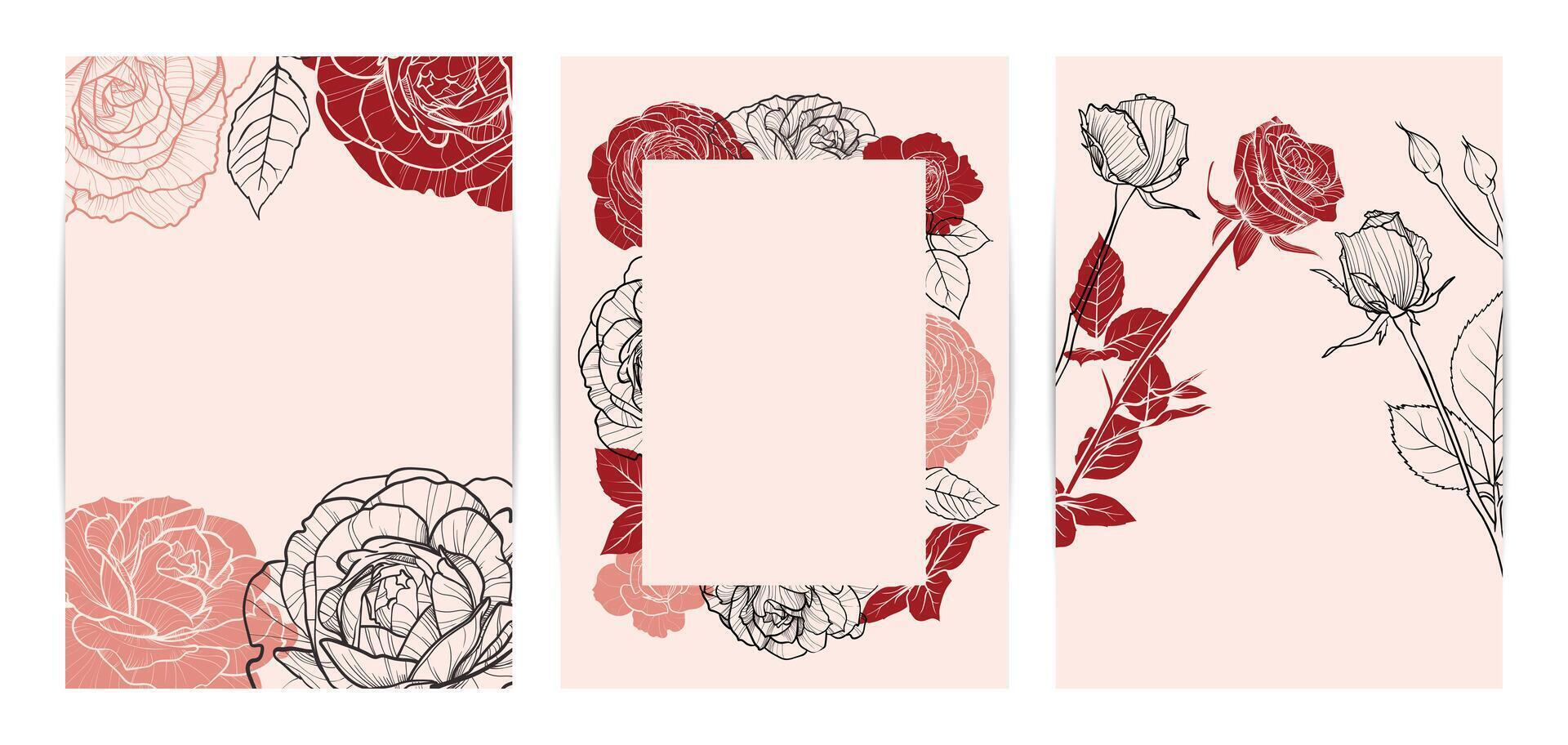 Colorful saturated and bright beautiful wedding invitations. Modern and joyful A4 format design with highly detailed flowers for print and online usage. Hand drawn roses illustrations vector