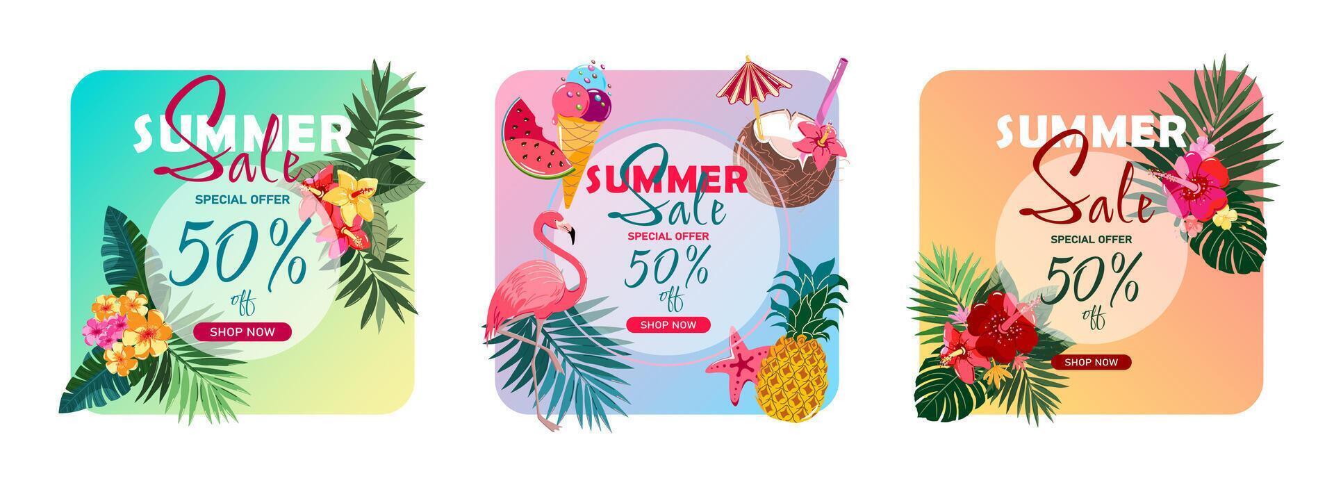 Coupons, summer discount and sale badges. Bright design with flowers, flamingos, fruit and ice cream. vector