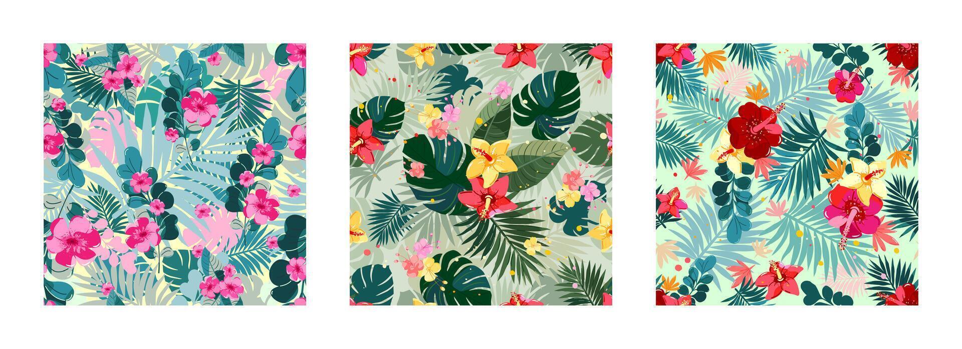 A set of seamless patterns with tropical plants and flowers. Spring, summer bright background. vector