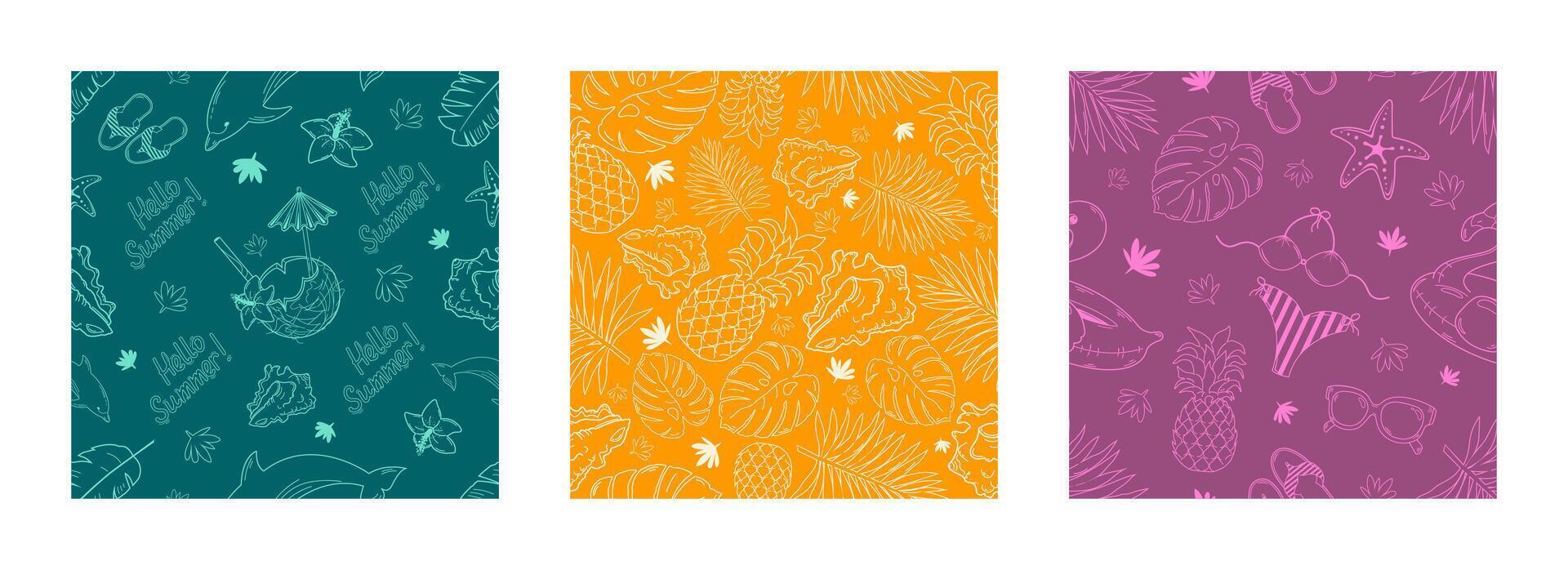 A set of seamless patterns with summer pictograms. Summer abstract background. vector
