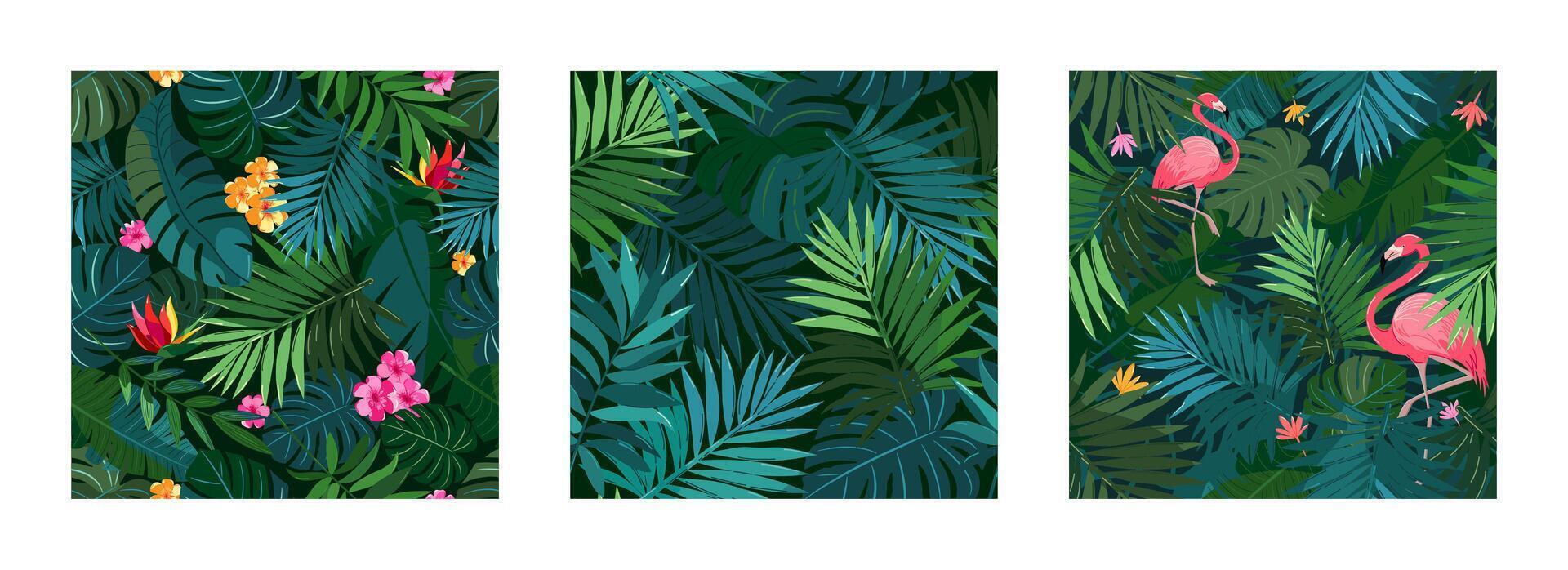 Green background, jungles, flamingos, tropical plants and flowers. Seamless pattern, a set of complementary decors vector
