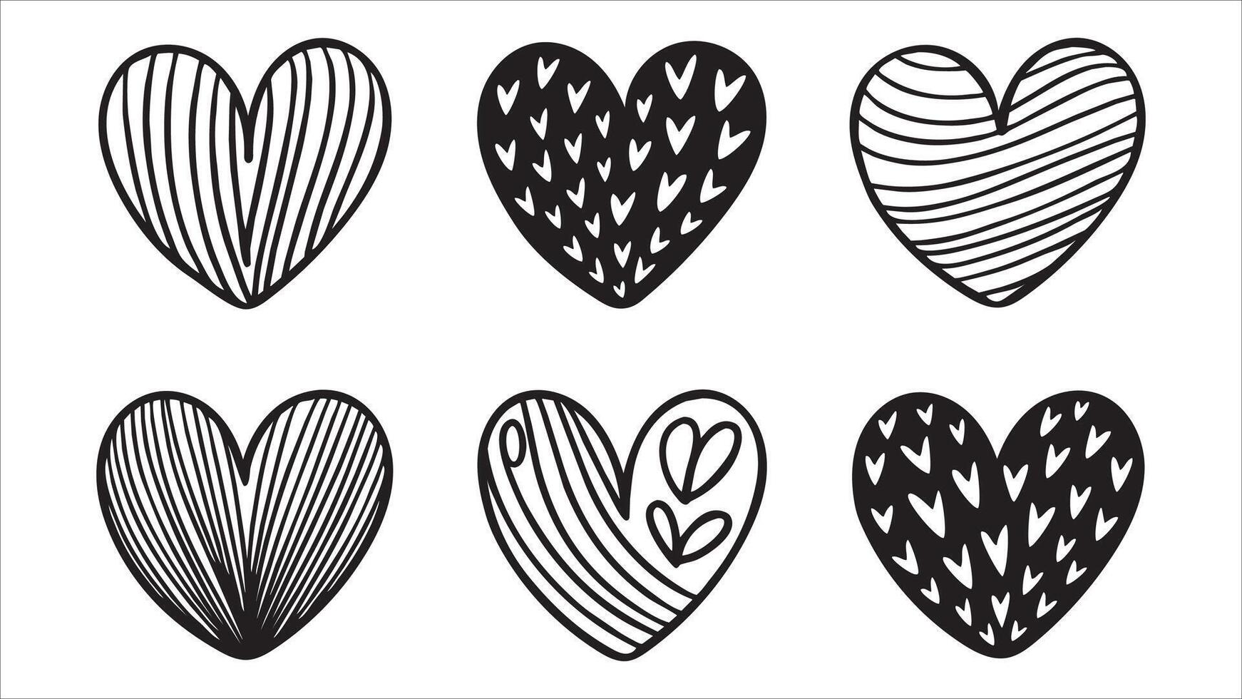 Six Black and White Heart Designs Striped, Dotted, and Love Patterns vector