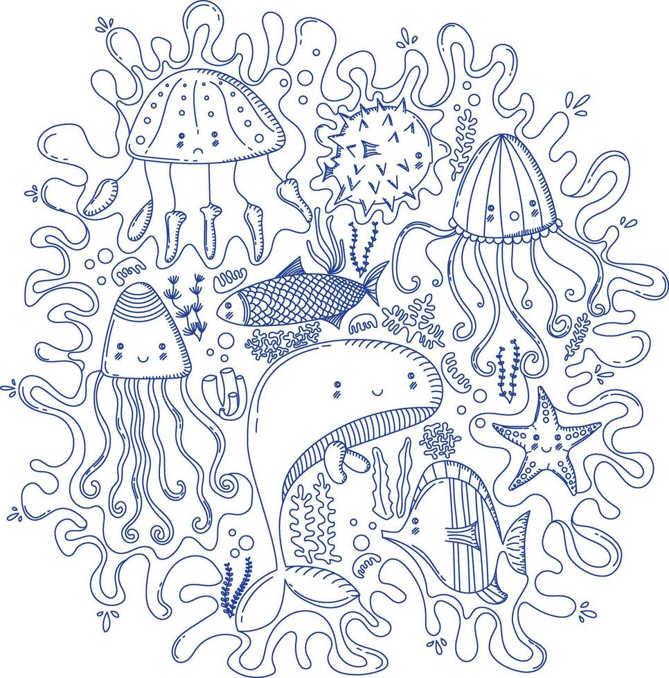 Sea Line Art Doodle vector