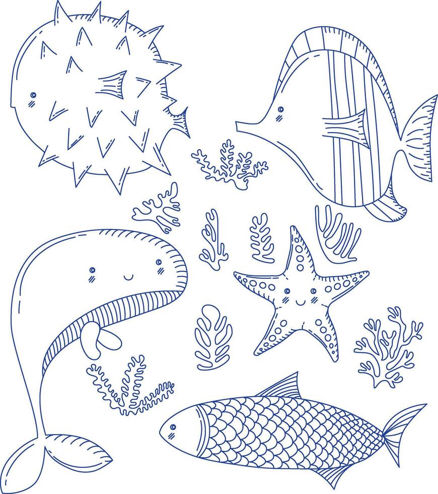 Fishes. Set of icons in doodle style. vector