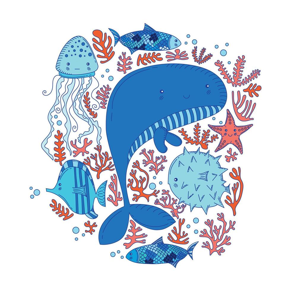Sea life. Line Art Doodle in blue and coral tones vector