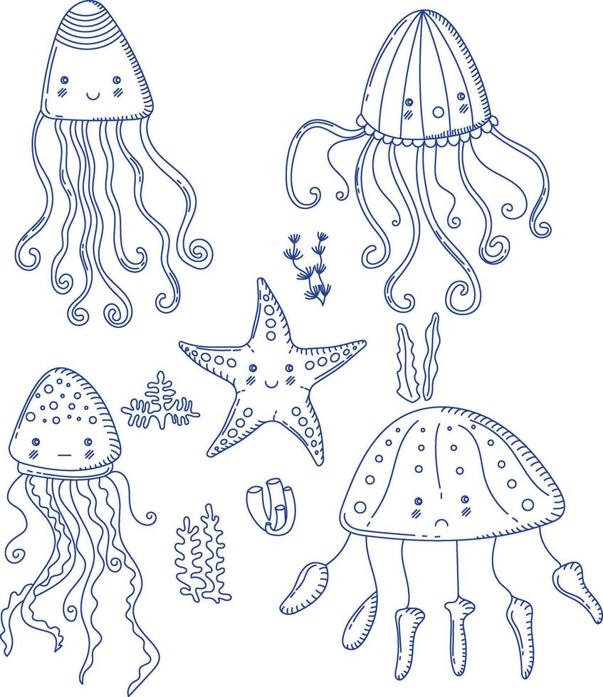 Jellyfish. Set of icons in doodle style. vector