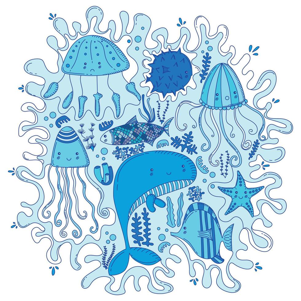 Sea Line Art Doodle in blue tones vector