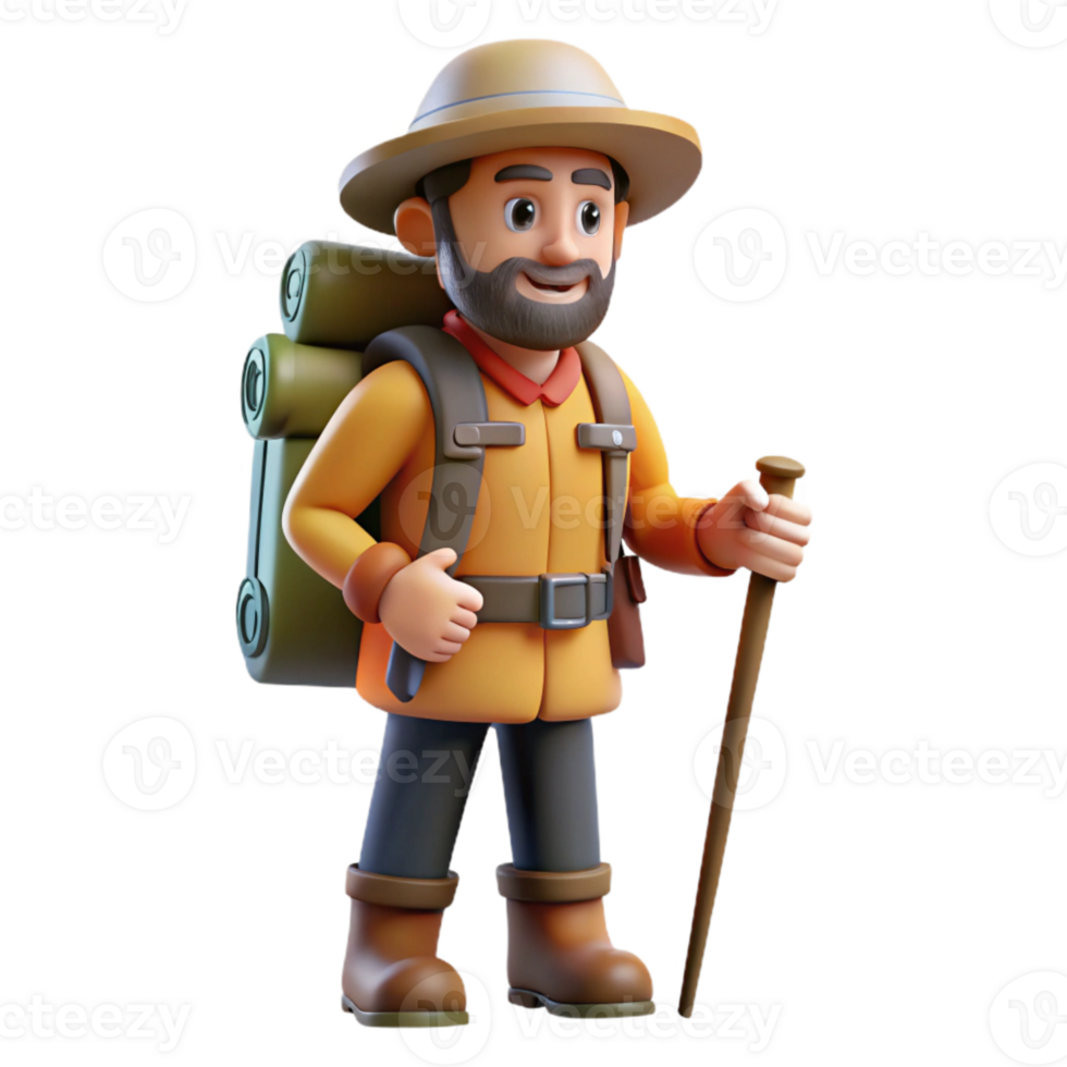 extraordinary creative Explorer with Backpack and Hiking Stick Transparent Background 4K png